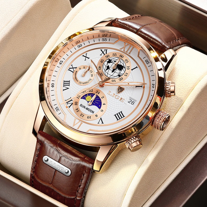 Luxe Chronograaf Horloge met Echt Leren Band - By Qivii