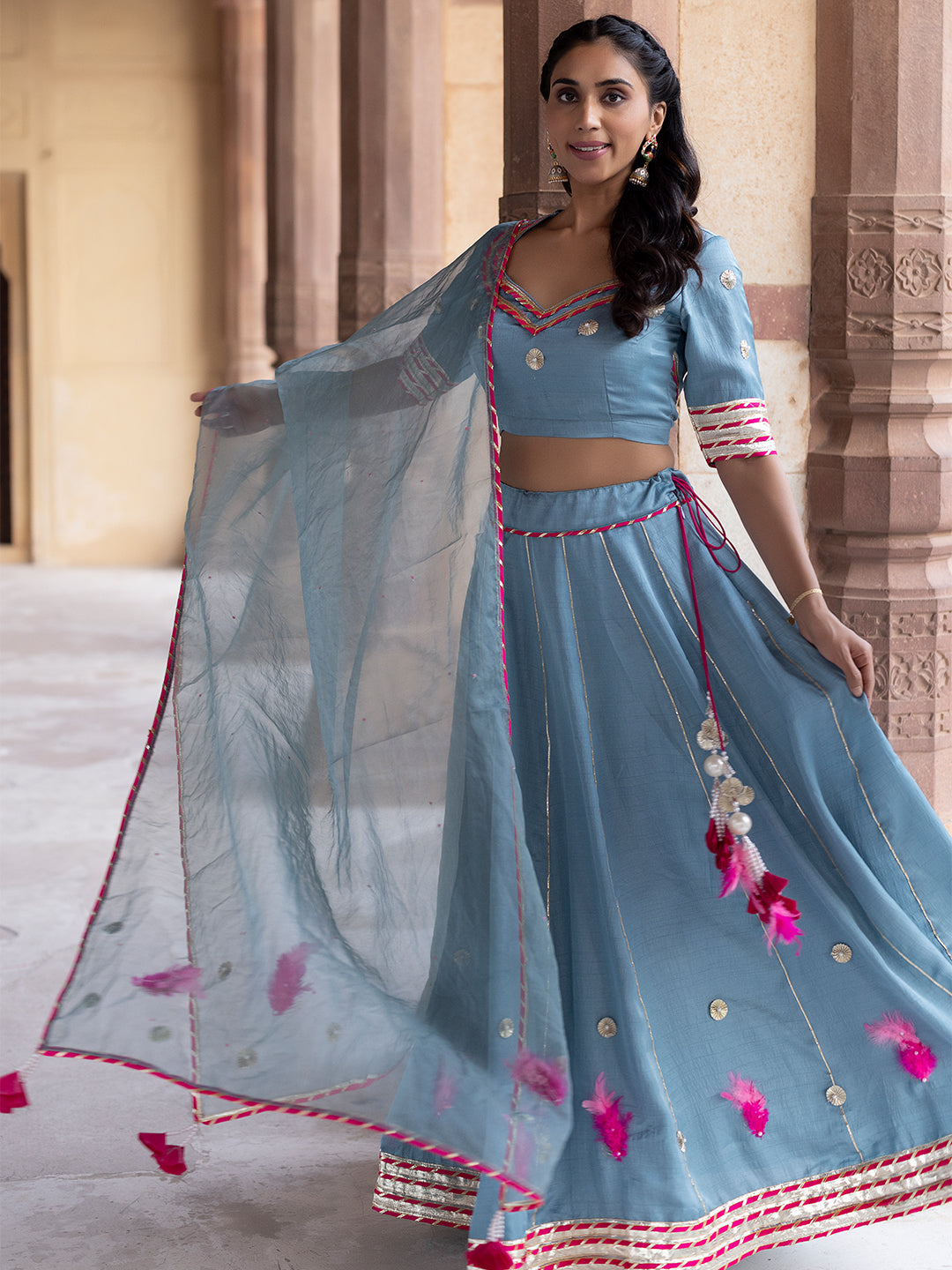 Sea Angel Sky-Blue Lehenga Set - By Ragavi - qivii