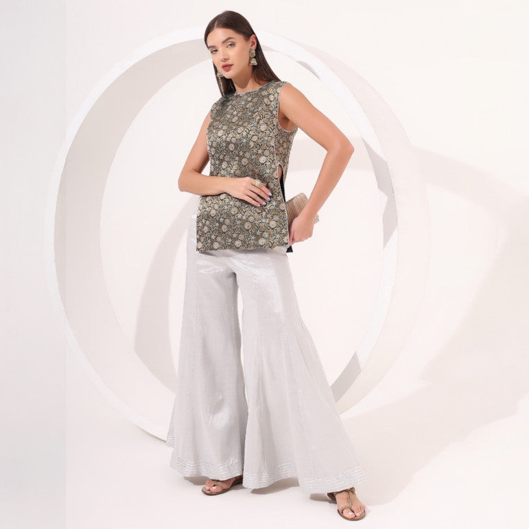 Silver Sharara with Brocade Top - qivii