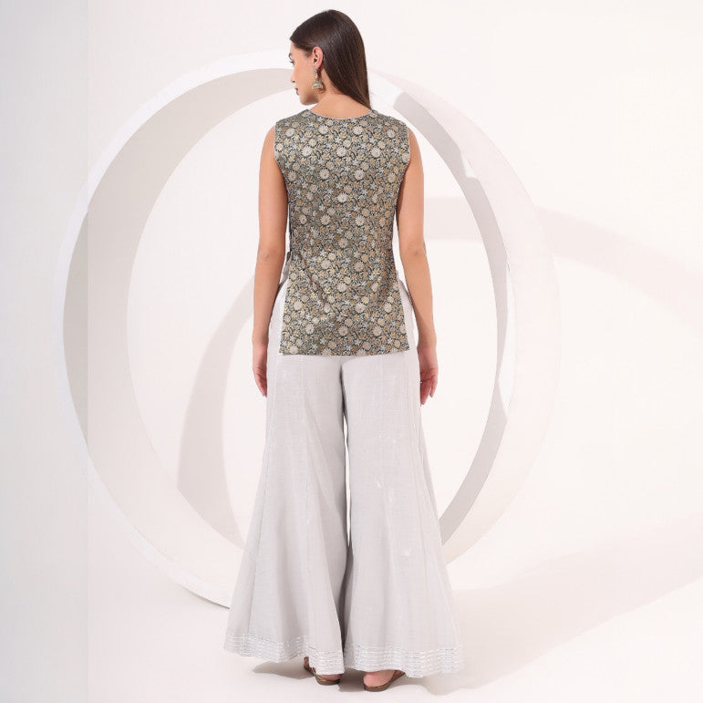 Silver Sharara with Brocade Top - qivii