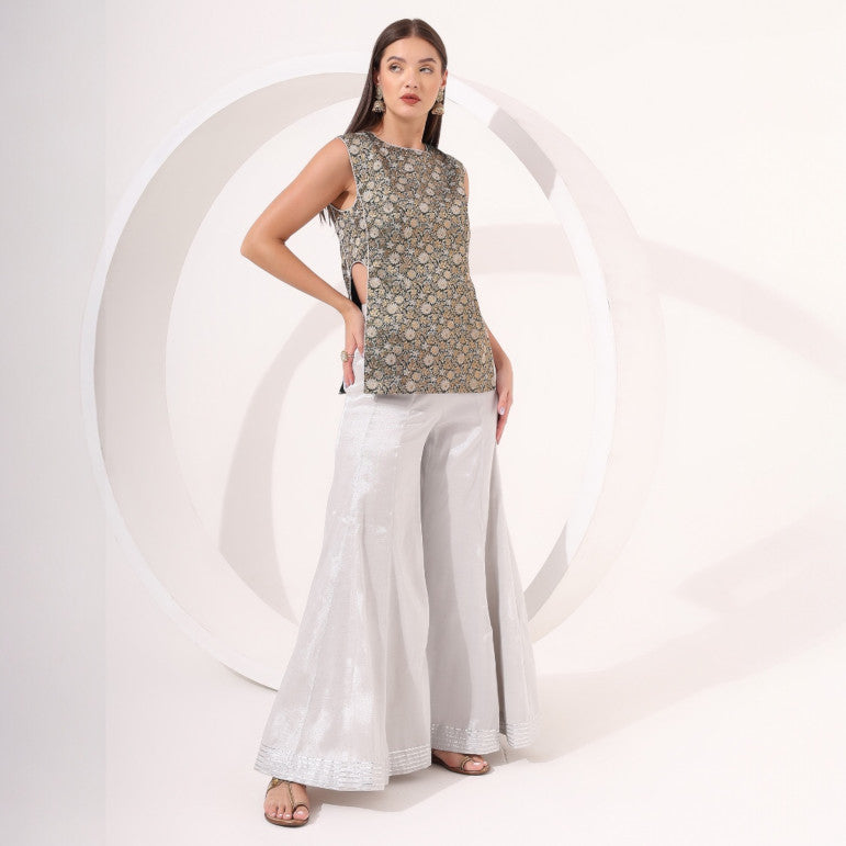 Silver Sharara with Brocade Top - qivii