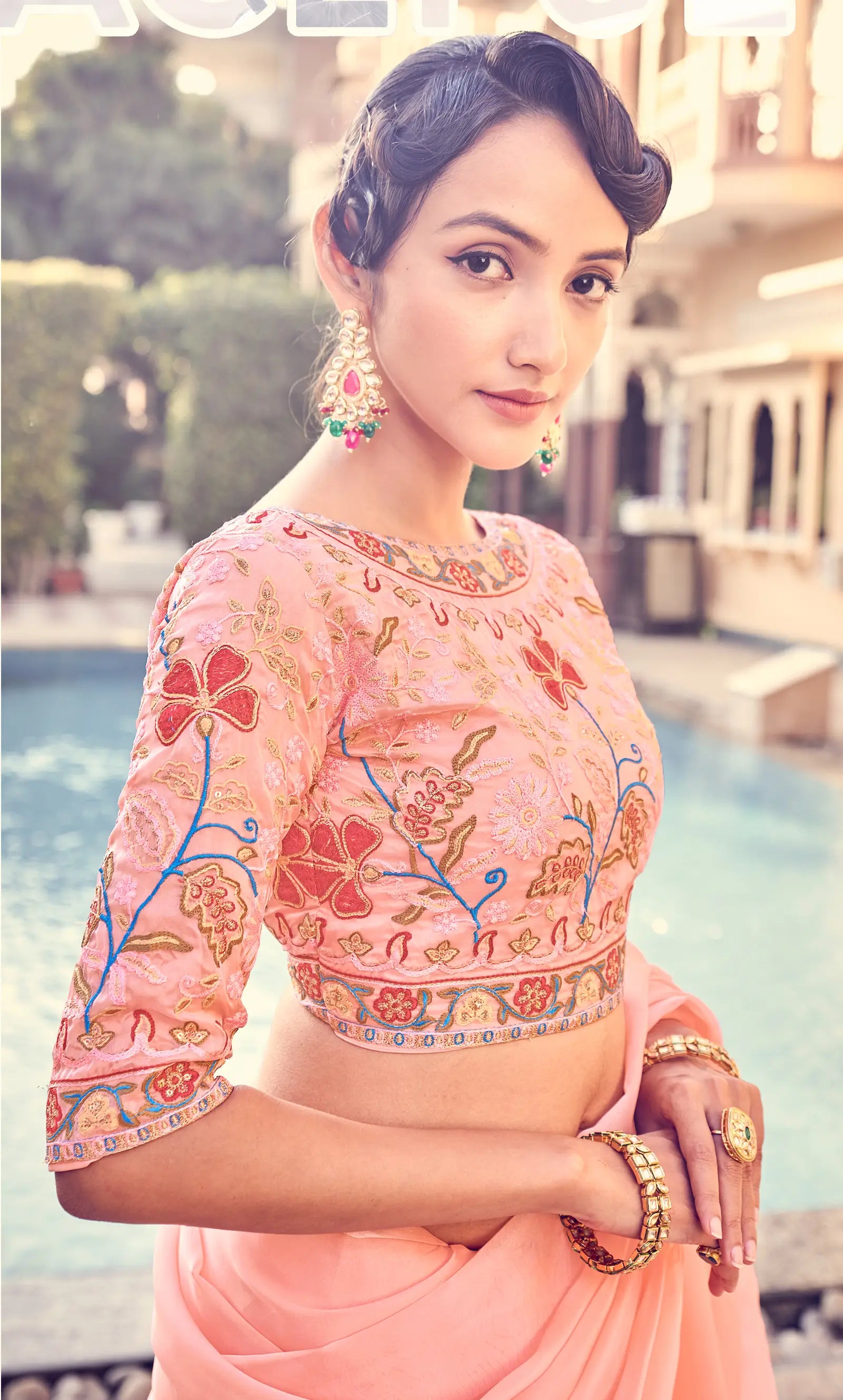 Peach Pink Organza Ruffle Saree With Embroidered Blouse - qivii