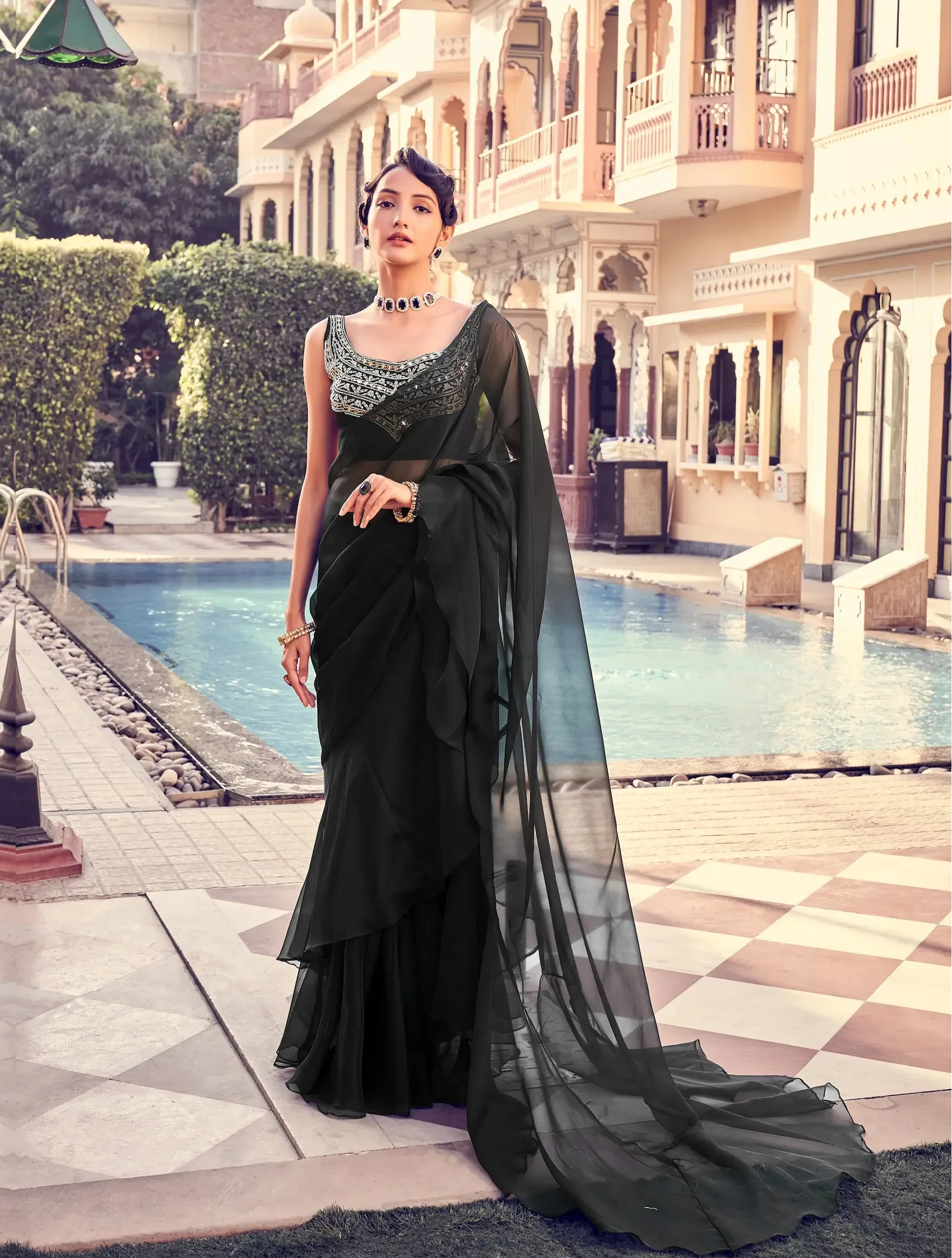 Hot Black Organza Ruffle Saree With Embroidered Blouse - qivii