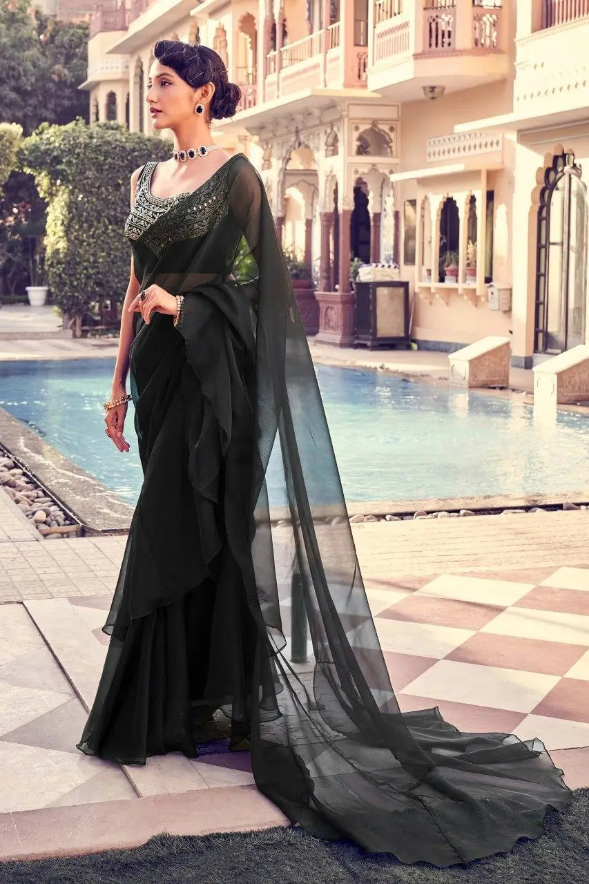 Hot Black Organza Ruffle Saree With Embroidered Blouse - qivii