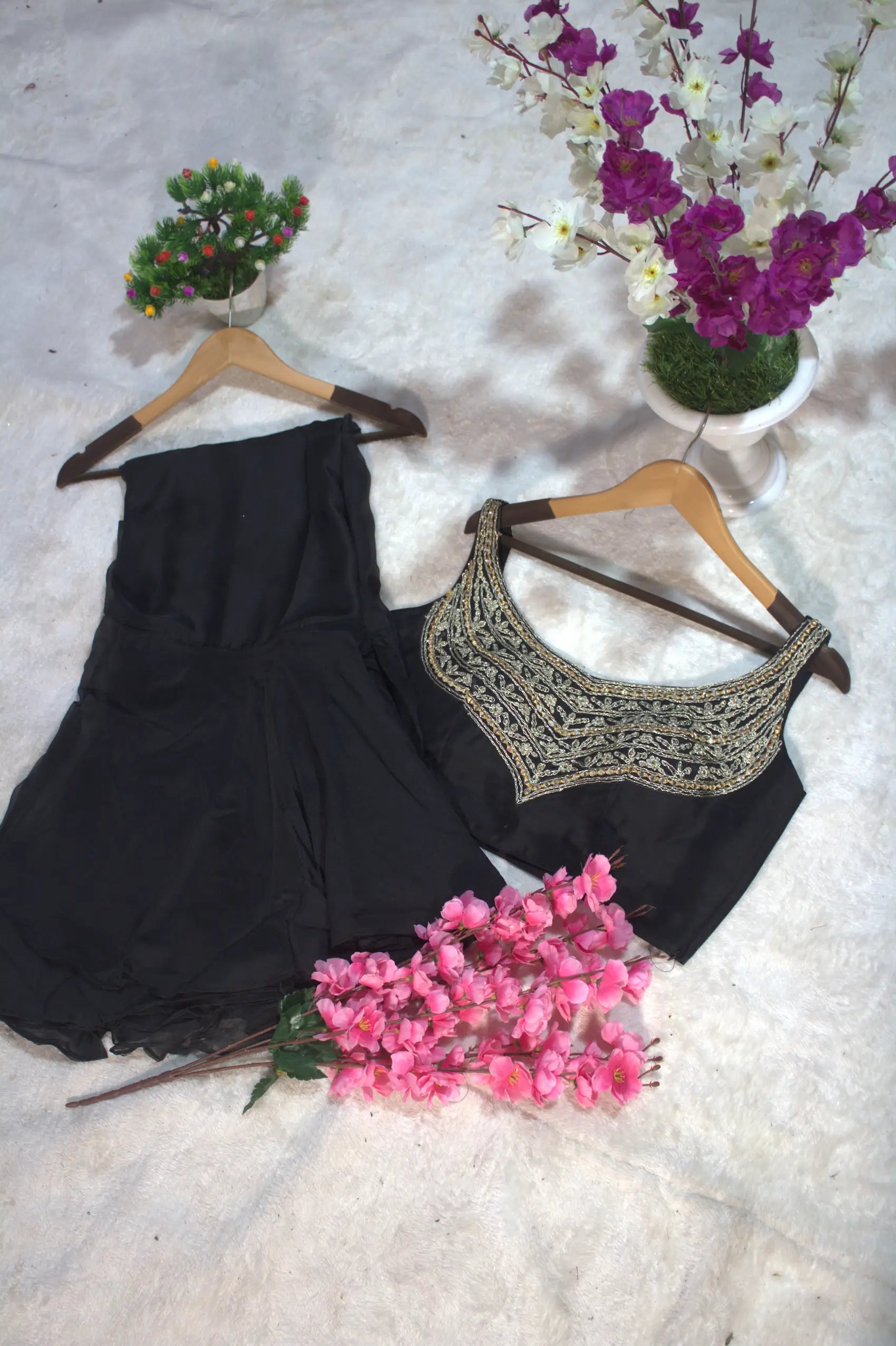 Hot Black Organza Ruffle Saree With Embroidered Blouse - qivii