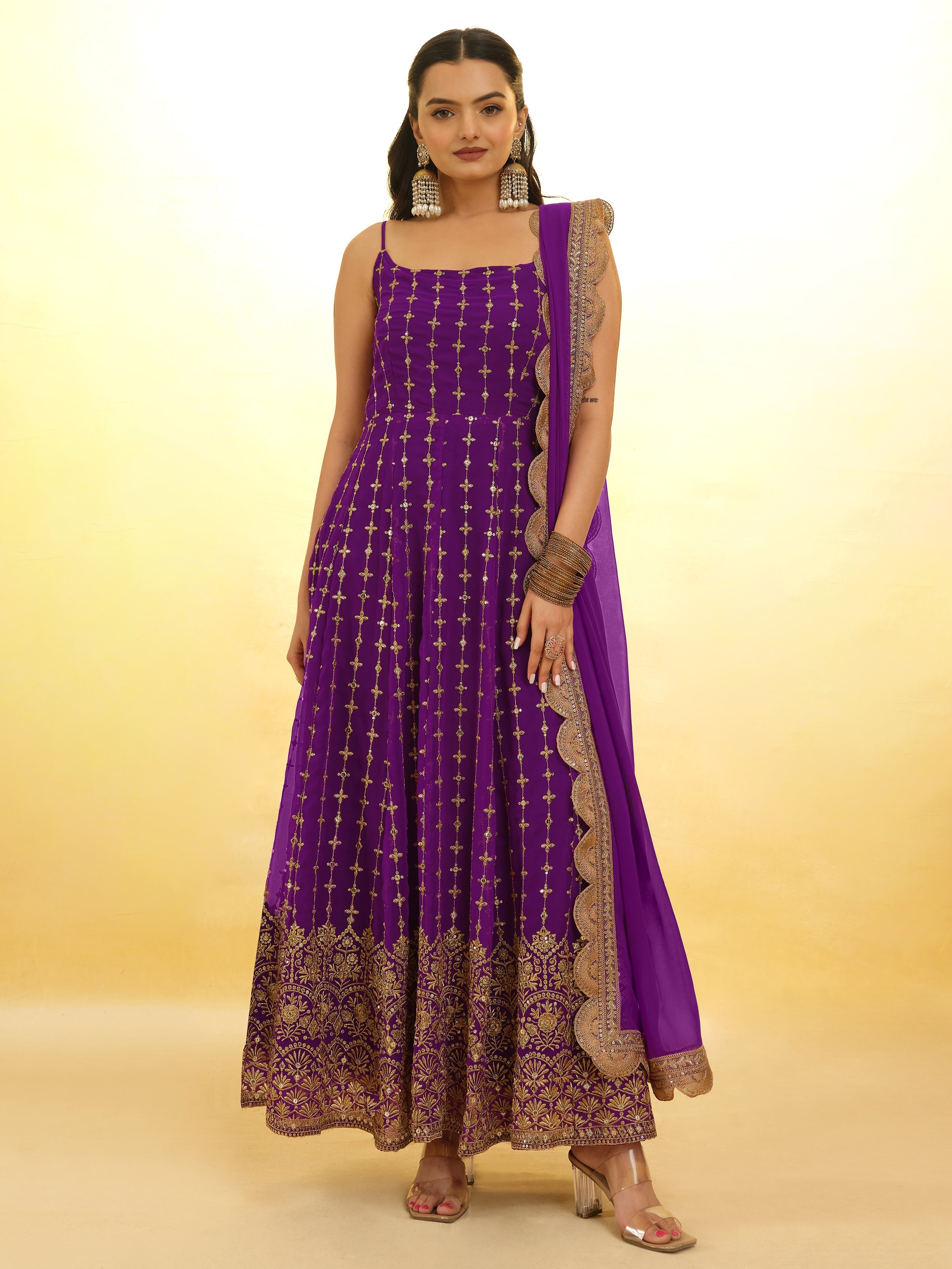 Captivating Purple Embroidered Georgette Wedding Wear Anarkali Suit with intricate detailing and elegant design