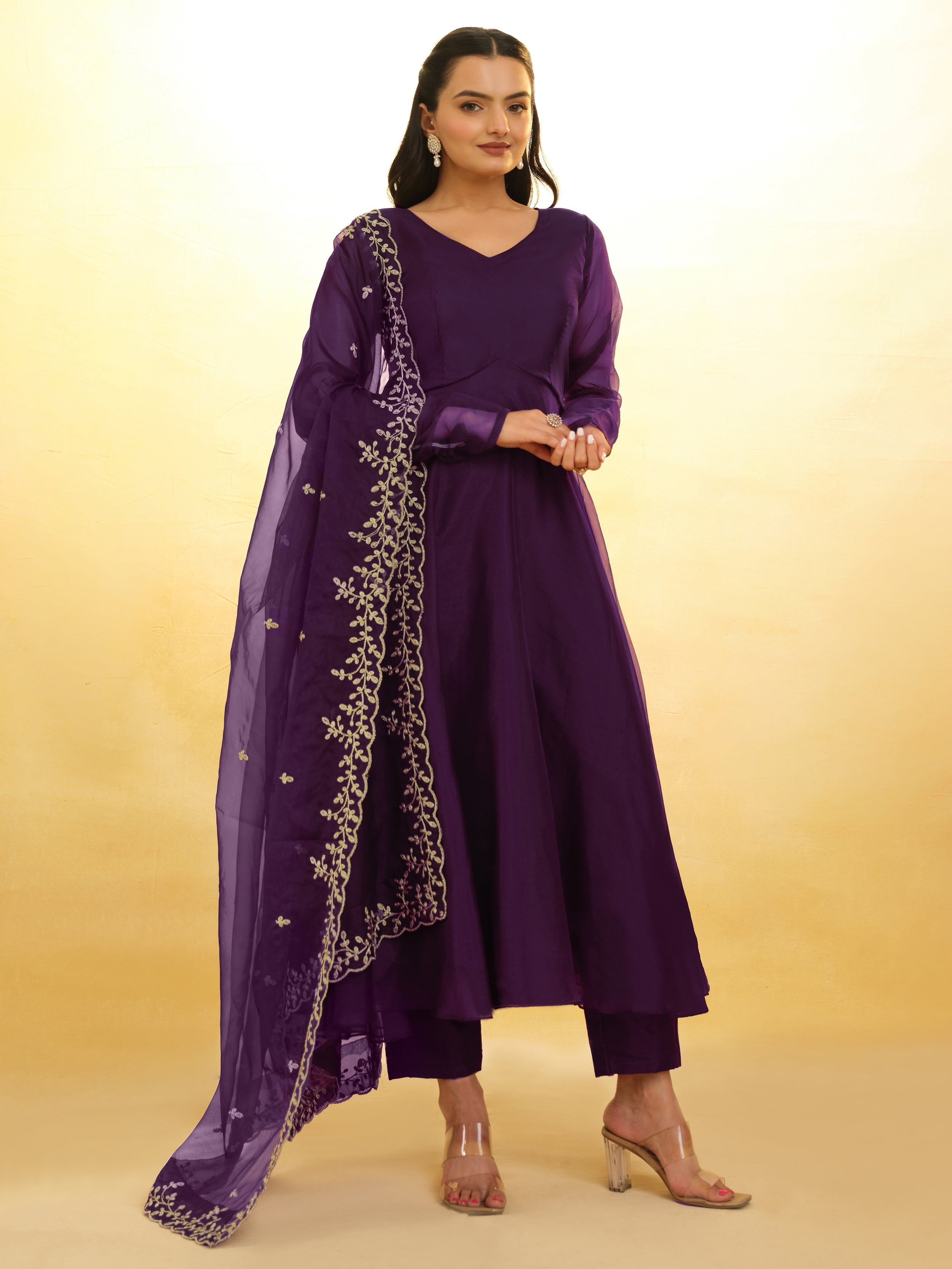 Beautiful and elegant purple organza festival wear salwar suit with dupatta