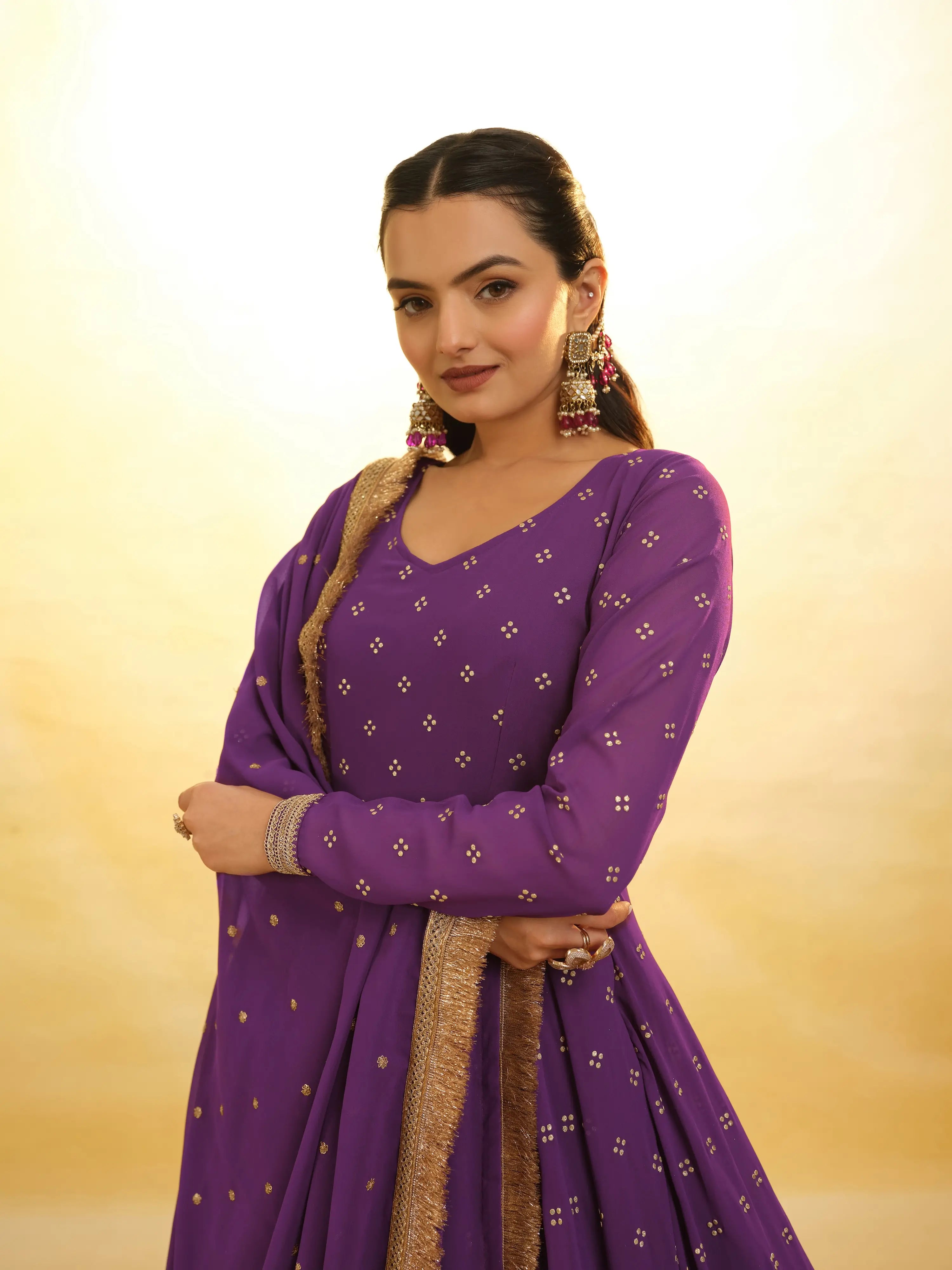 Wine Embroidery Work Georgette Gown With Dupatta