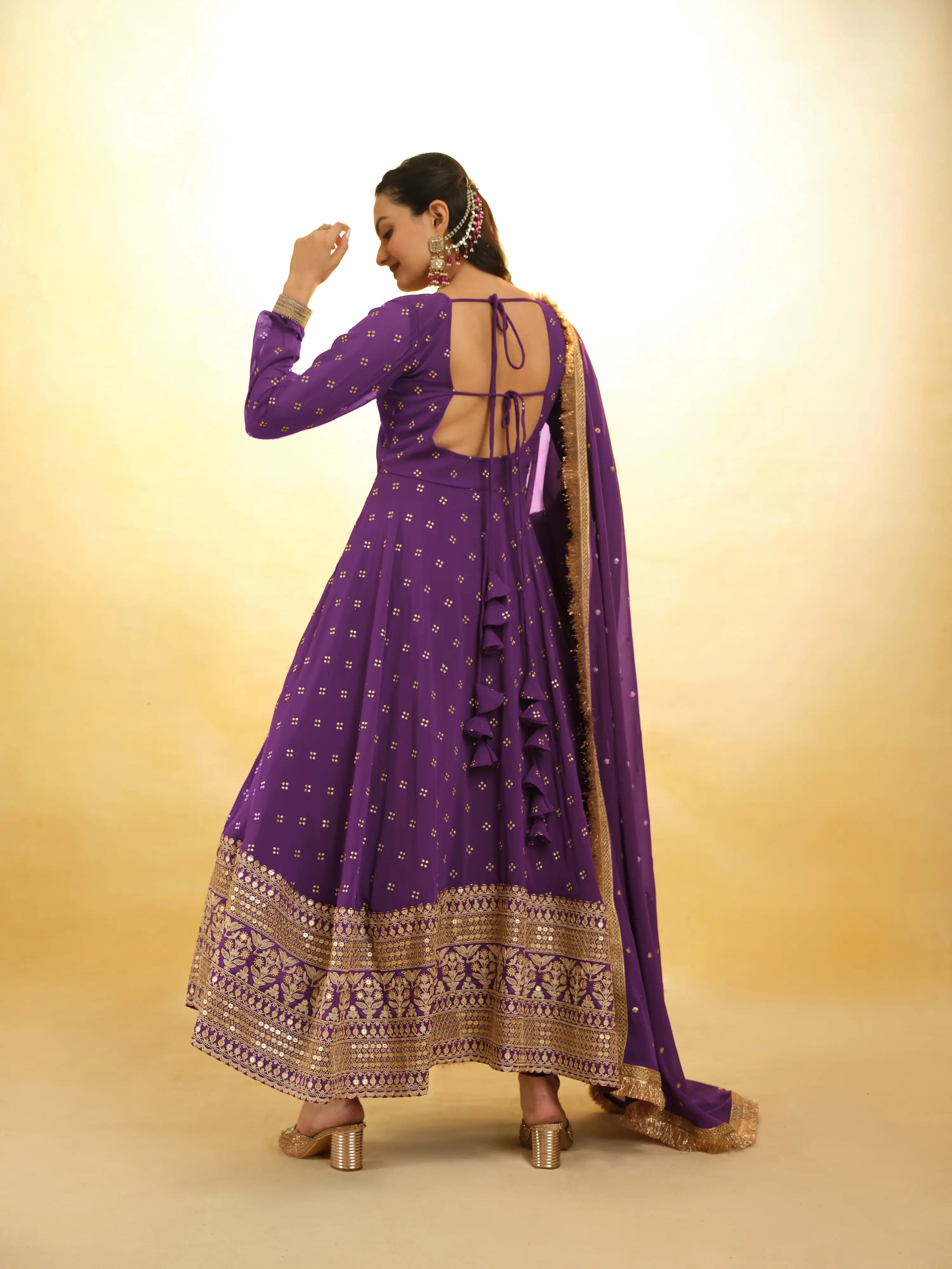 Wine Embroidery Work Georgette Gown With Dupatta