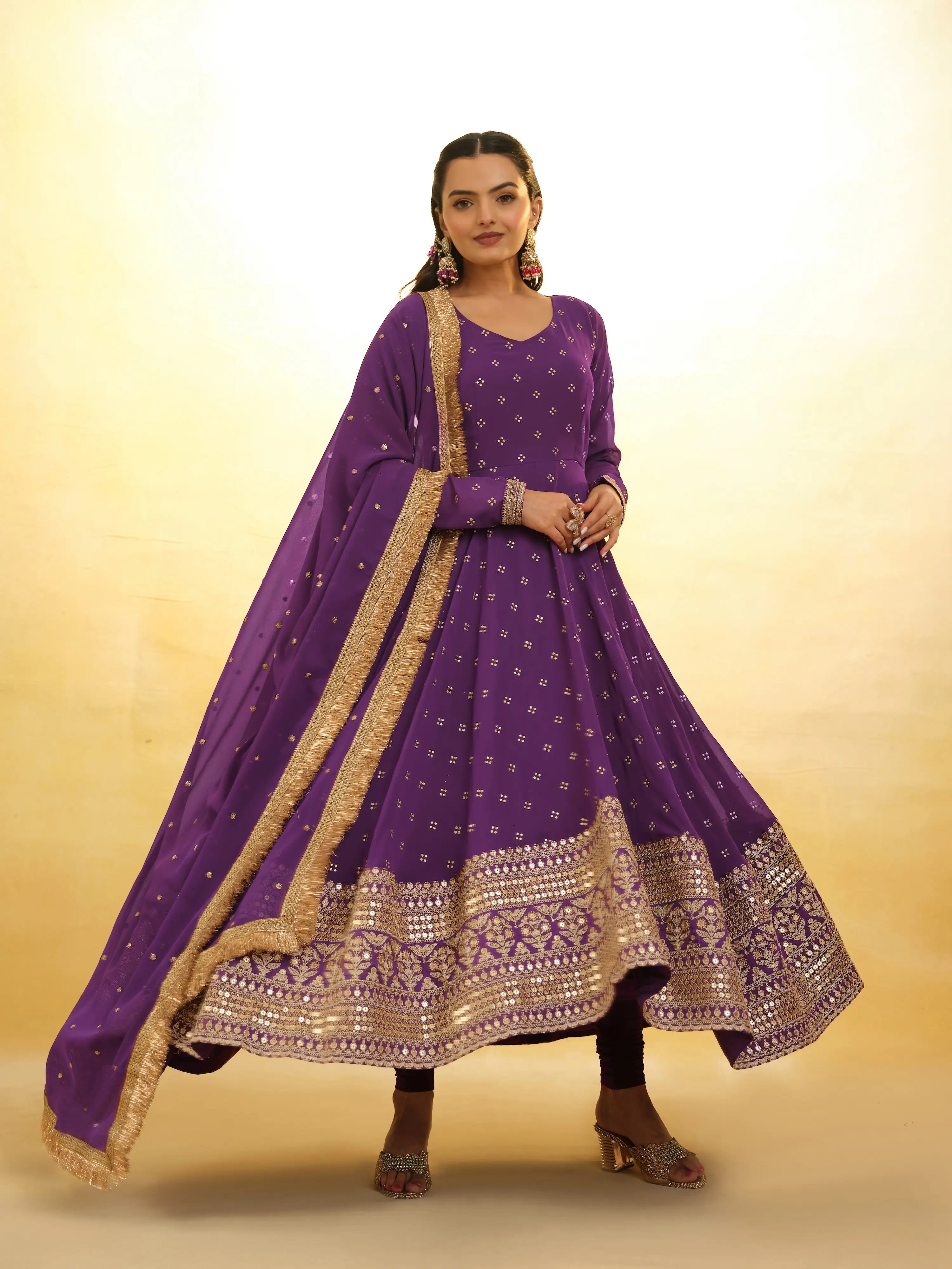 Wine Embroidery Work Georgette Gown With Dupatta