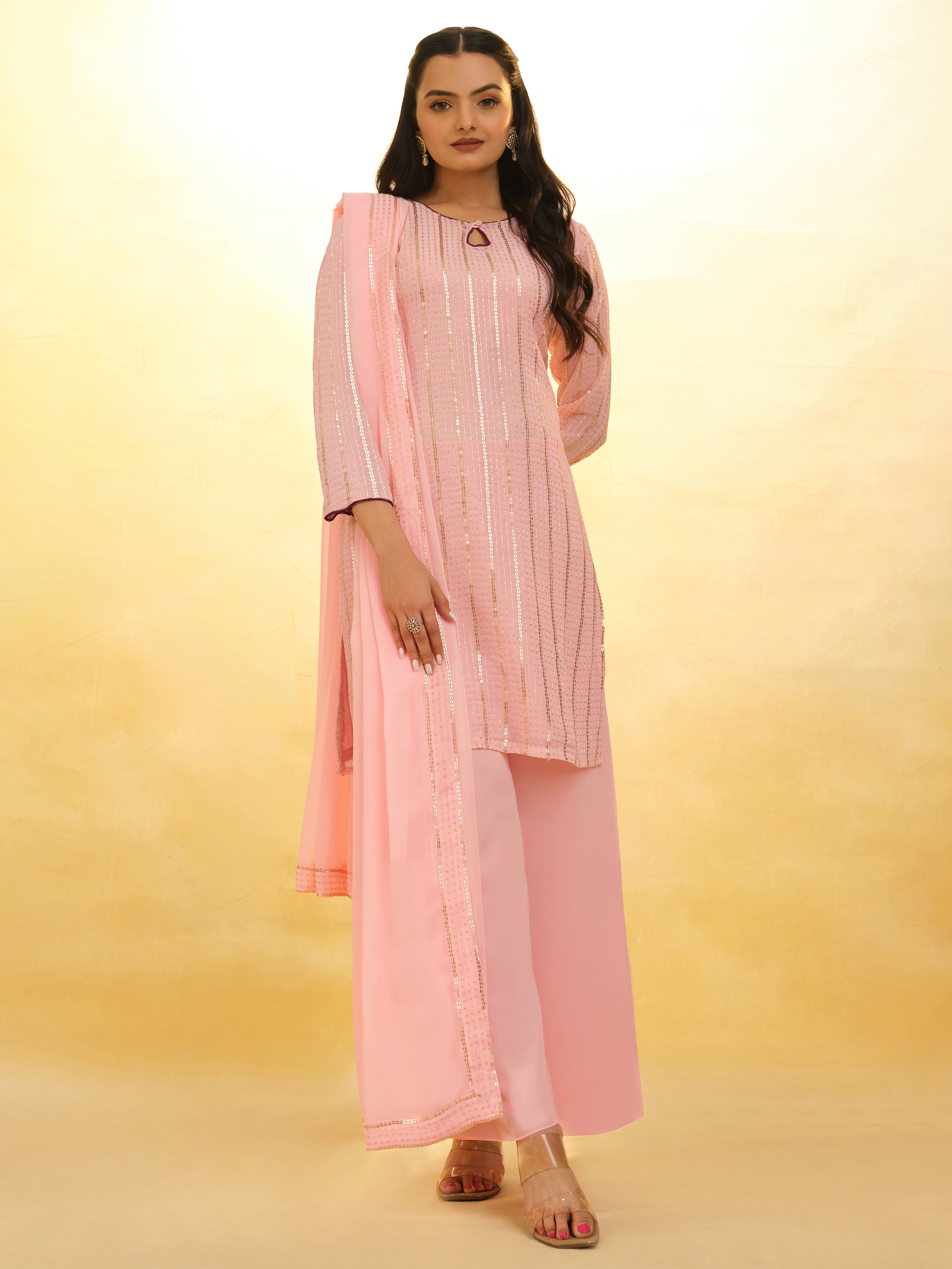 Matching georgette palazzo pants in soft pink hue