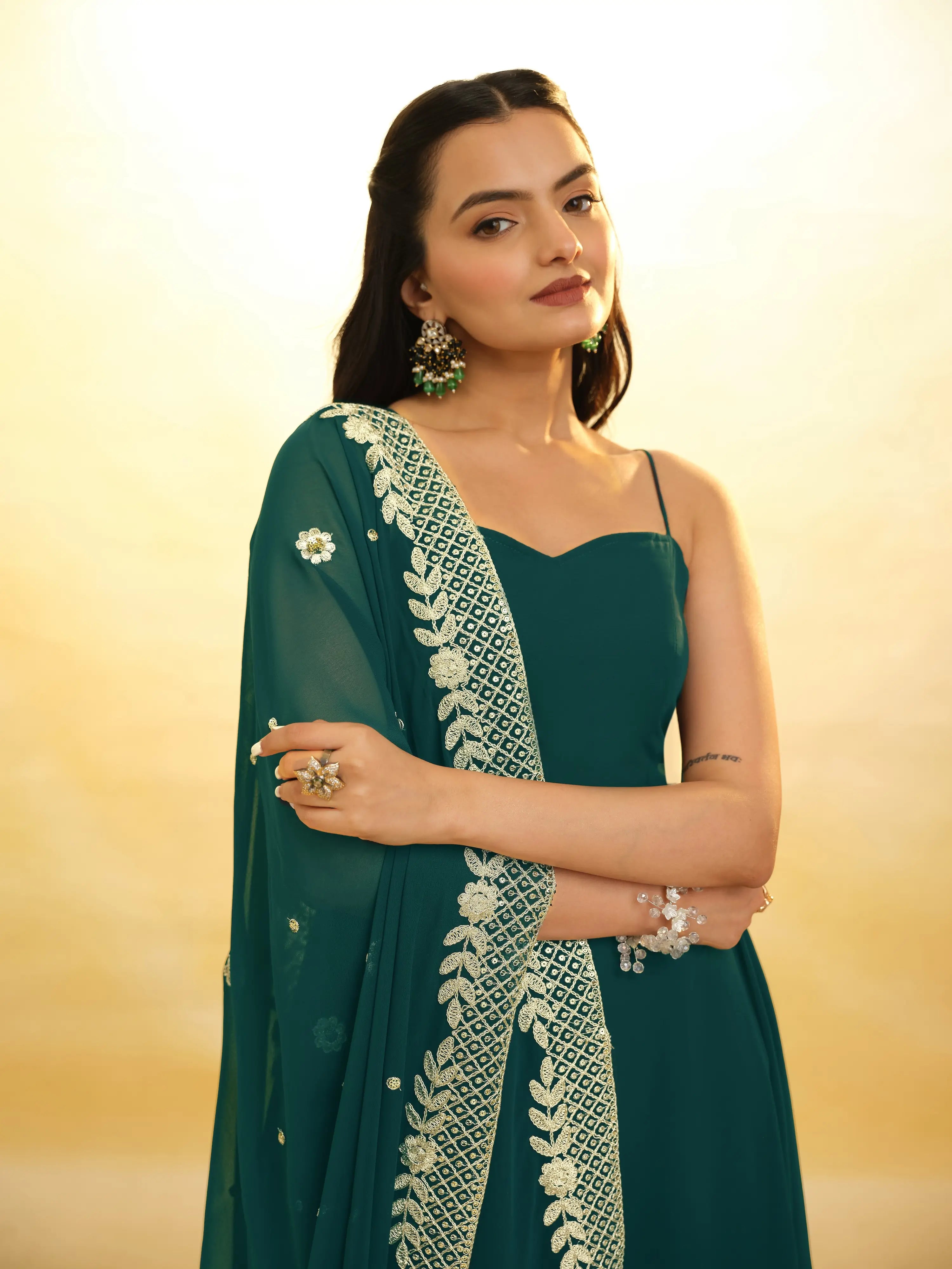 Green Georgette Salwar Suit With Dupatta - qivii