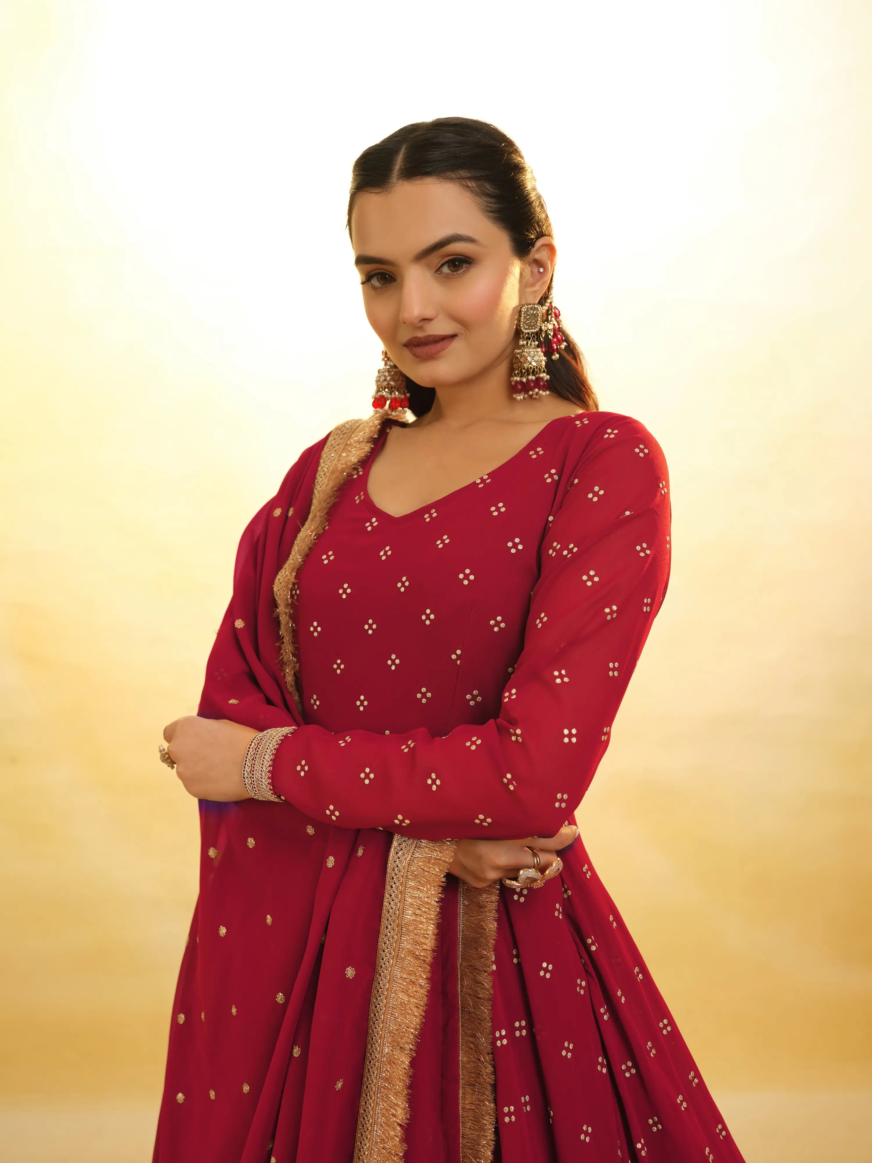 Red Georgette Salwar Suit With Dupatta - qivii