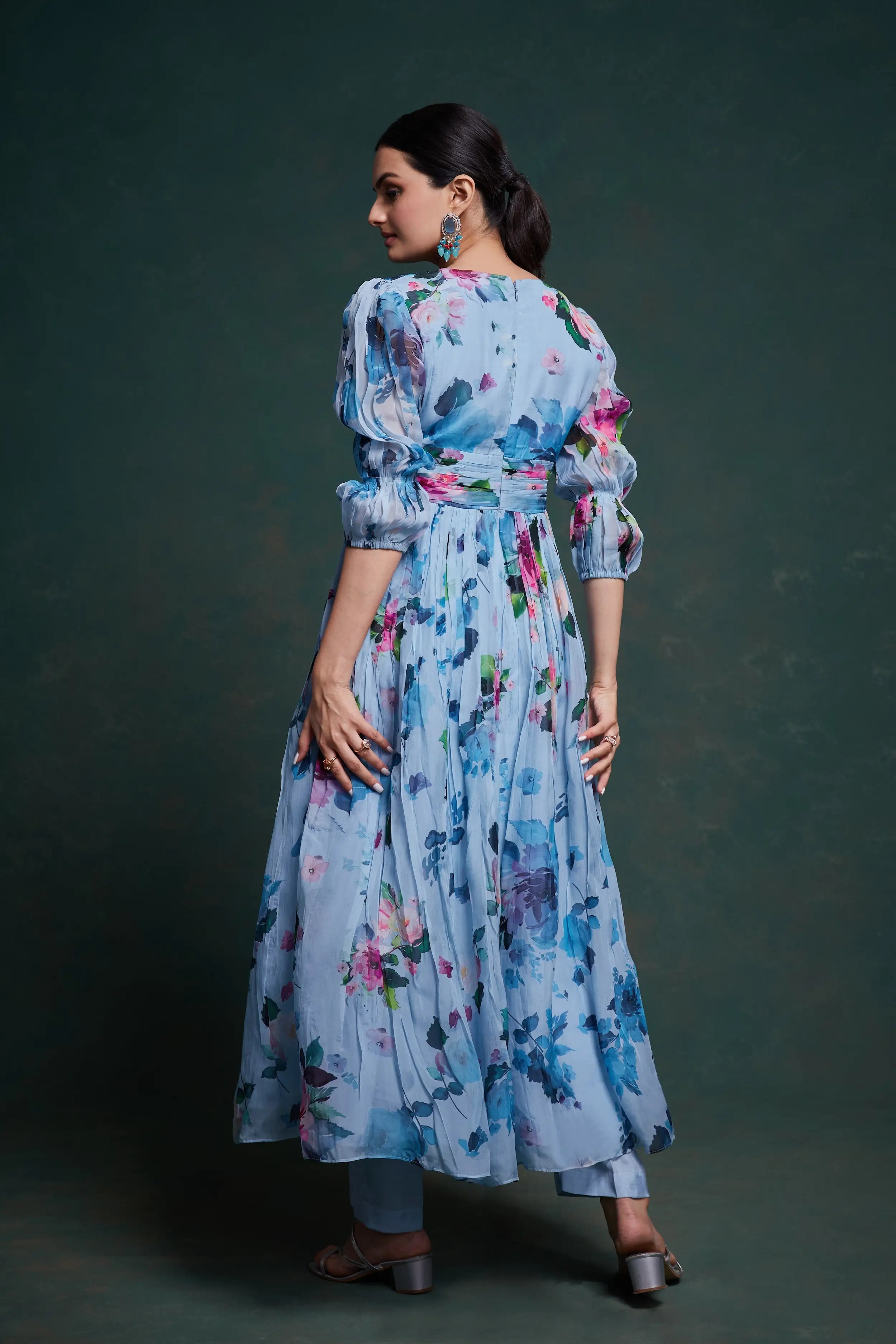 Sky Blue Floral Print Organza Salwar Suit - qivii