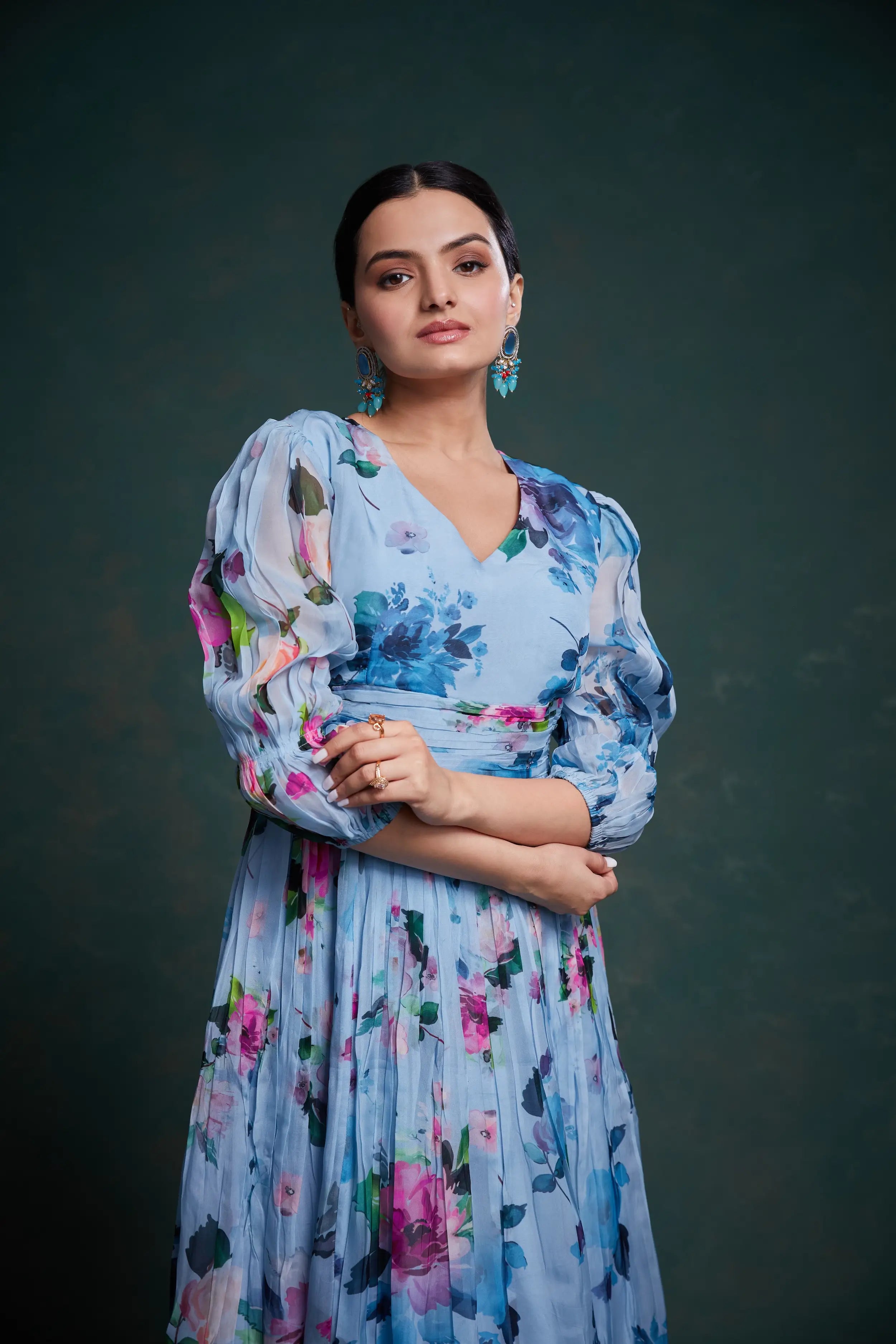 Sky Blue Floral Print Organza Salwar Suit - qivii