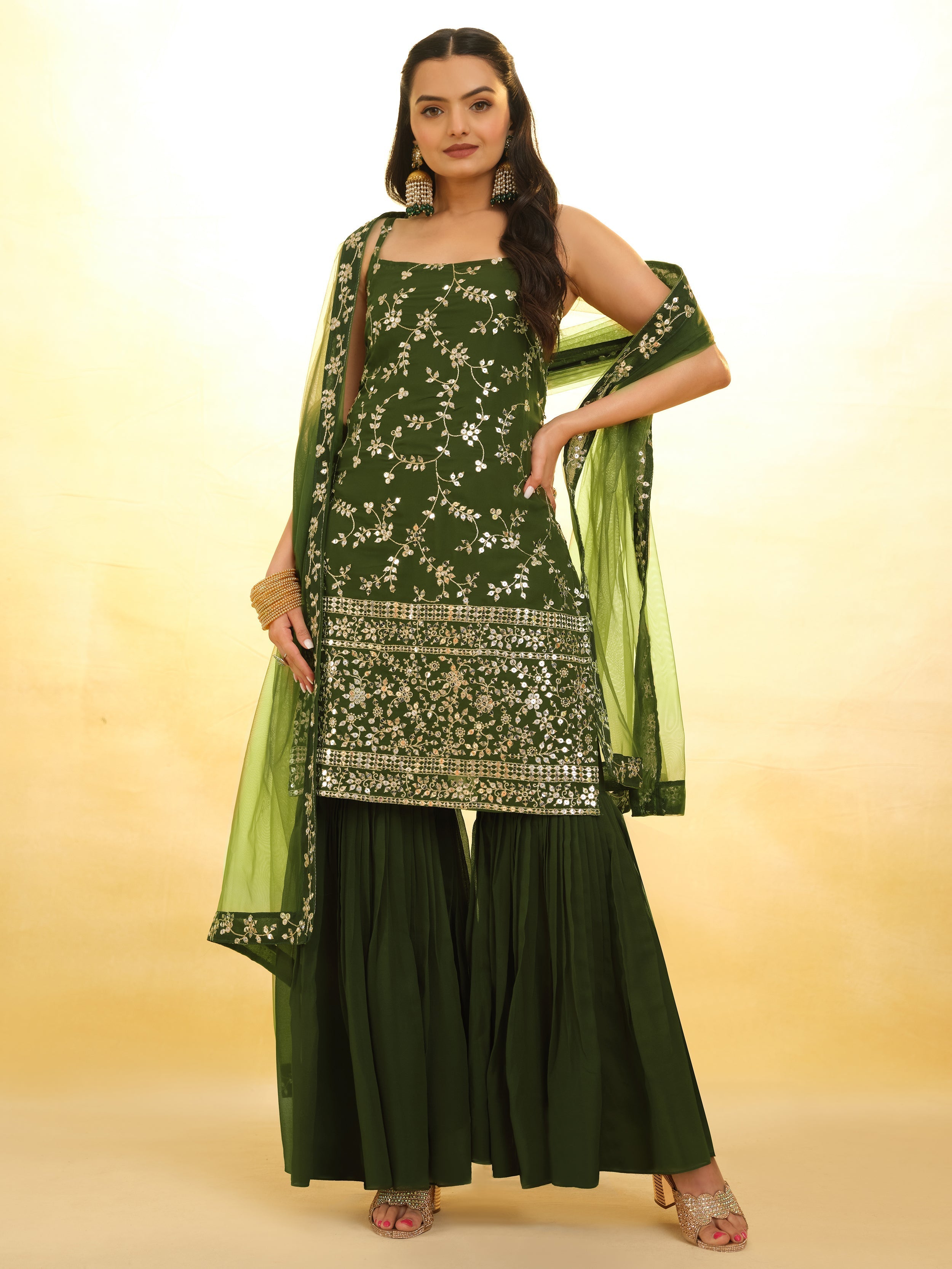 Alluring Green Embroidered Georgette Mehendi Wear Sharara Suit with Sequin Work and Intricate Embroidery