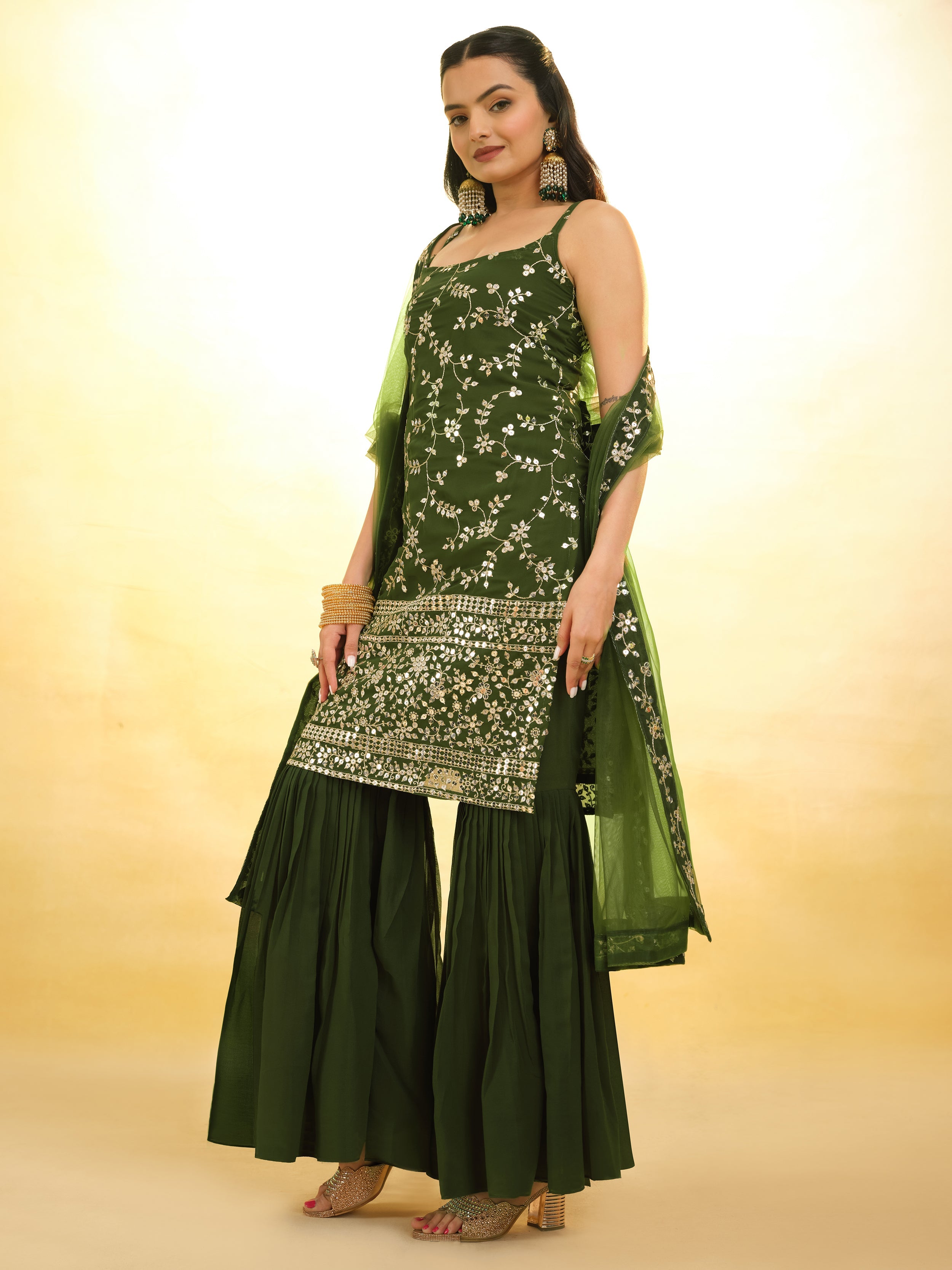 Green Georgette Sharara Suit with Flowing Matching Sharara