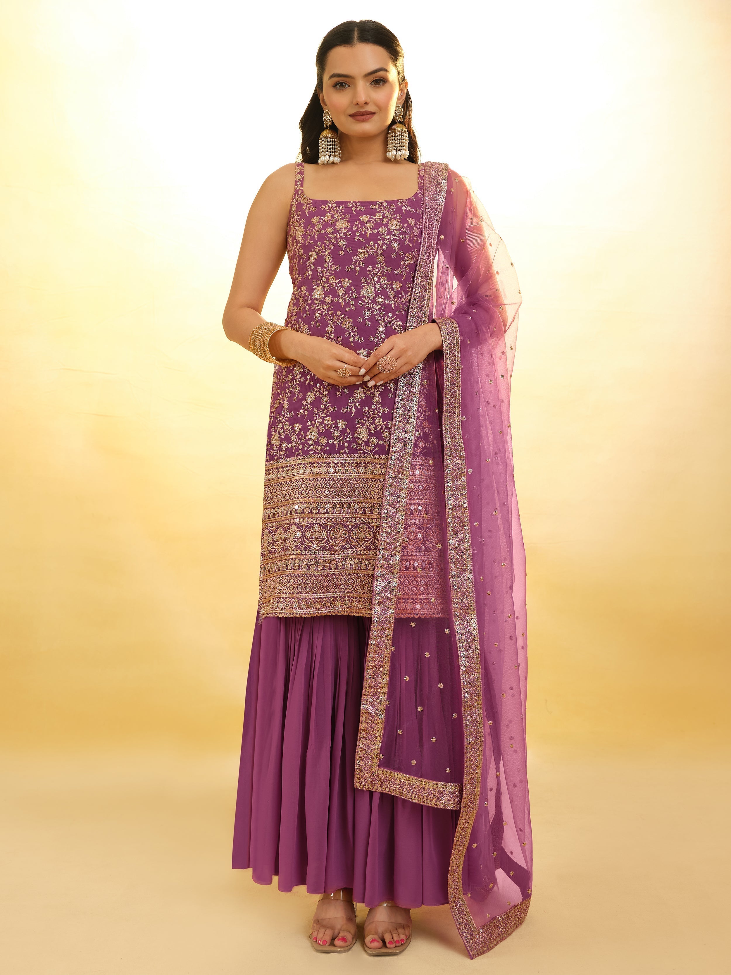 Fully stitched purple georgette sharara suit with intricate sequin and embroidery work, complemented by a net dupatta with designer lace work, perfect for festivals and special events