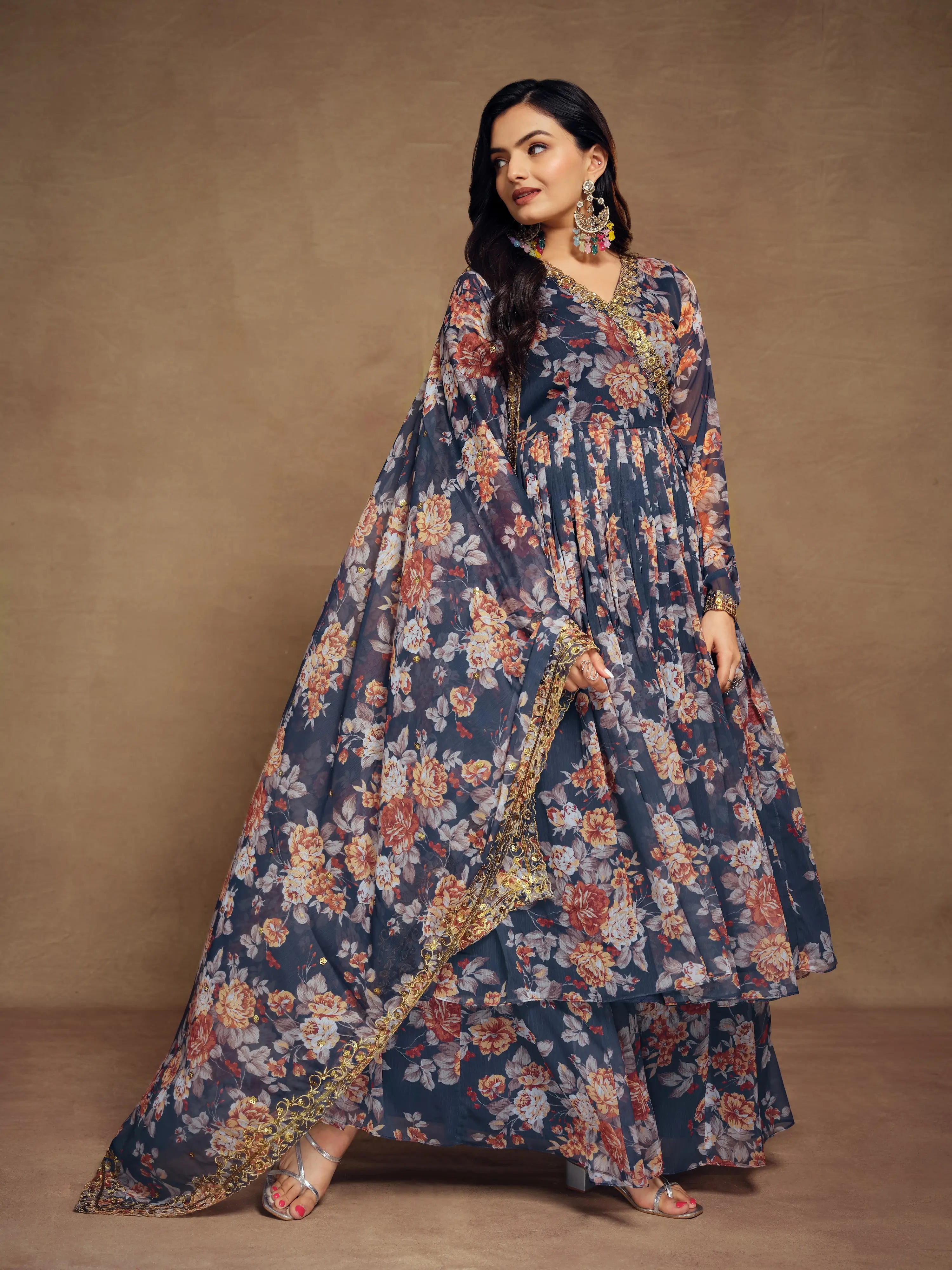 Navy Blue Chiffon Printed Salwar Suit With Dupatta - qivii