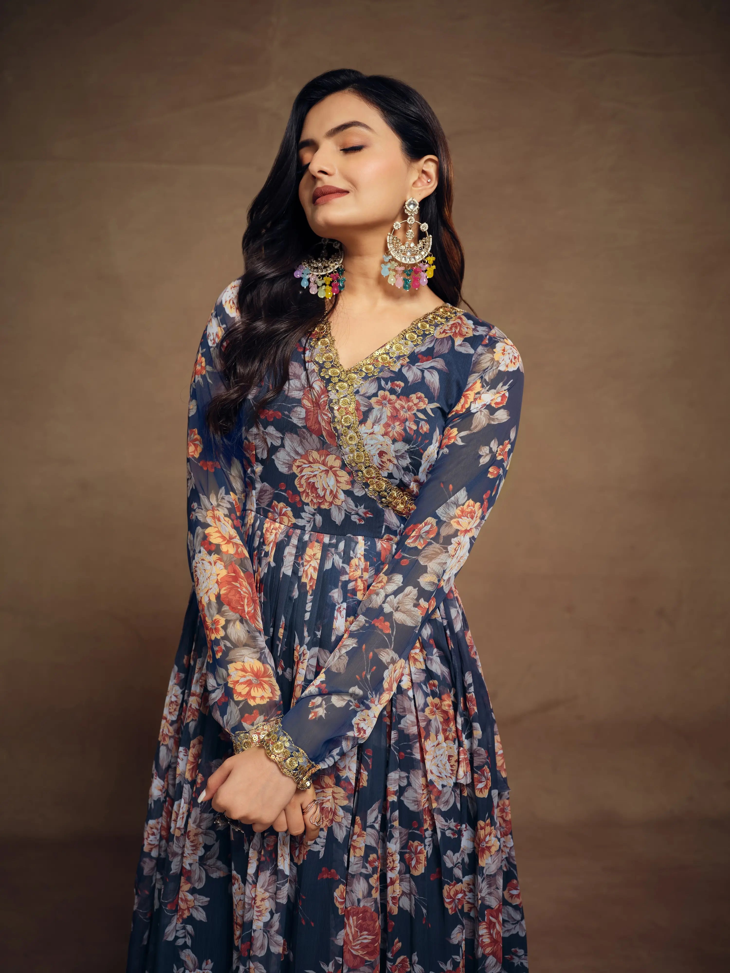 Navy Blue Chiffon Printed Salwar Suit With Dupatta - qivii