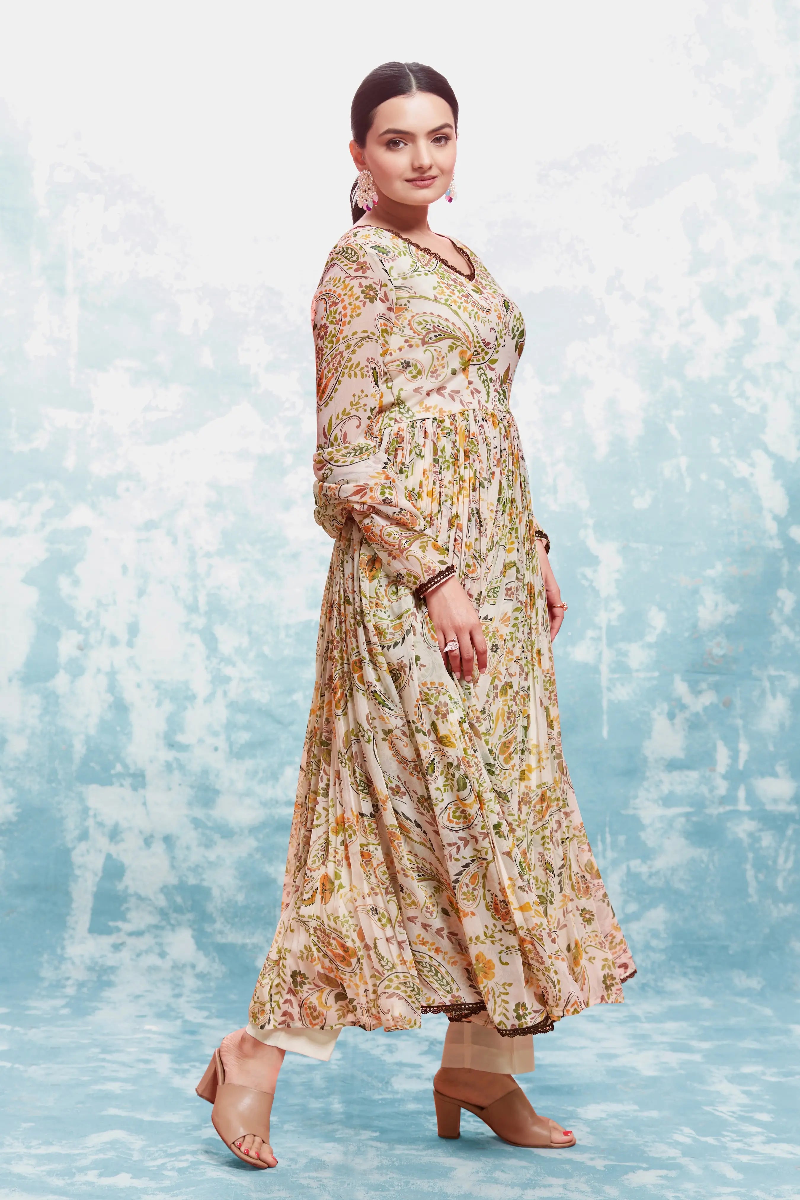 Beige Floral Printed Salwar Suit With Dupatta - qivii