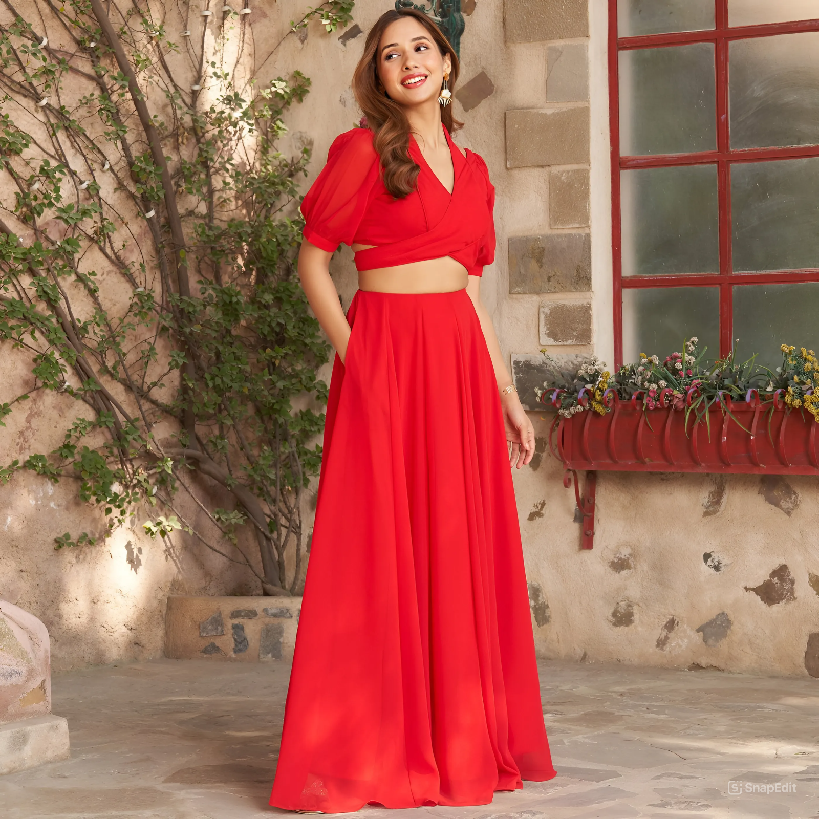RED GEORGETTE TOP, DUAPTTA LEHENGA | Ready To Wear - qivii