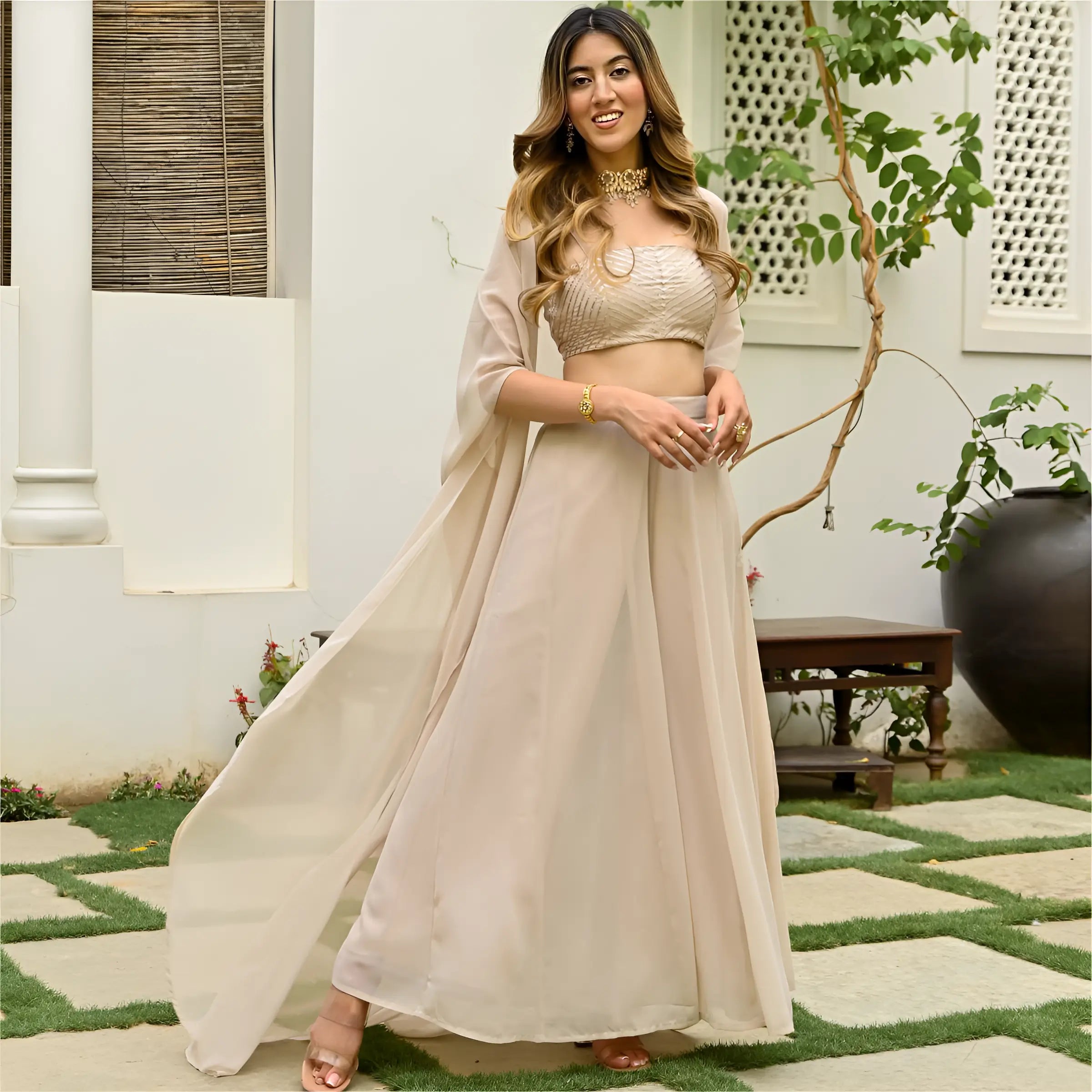 Beige Georgette Stylish Indo Western Co-Ord Set With Long Shrug - qivii