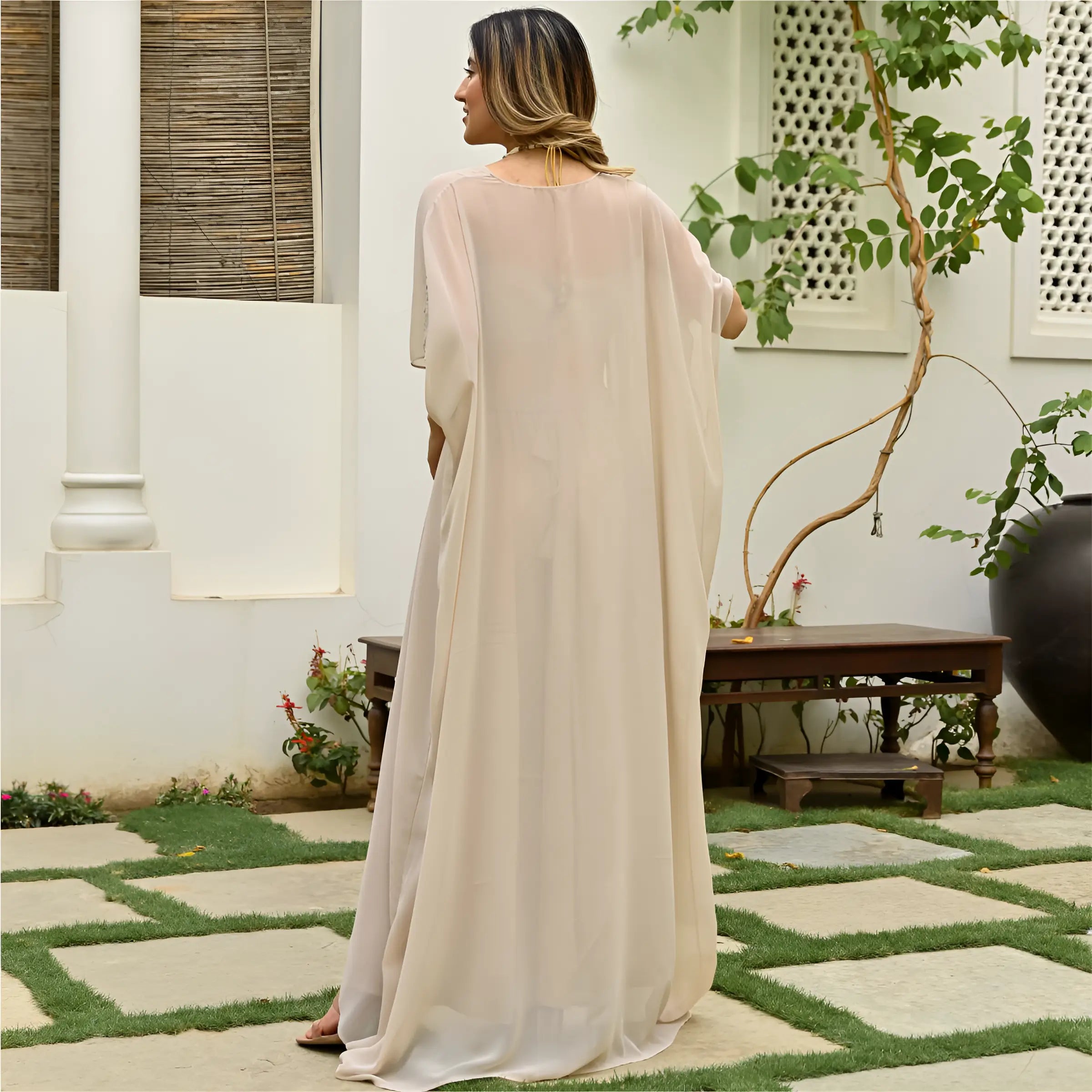 Beige Georgette Stylish Indo Western Co-Ord Set With Long Shrug