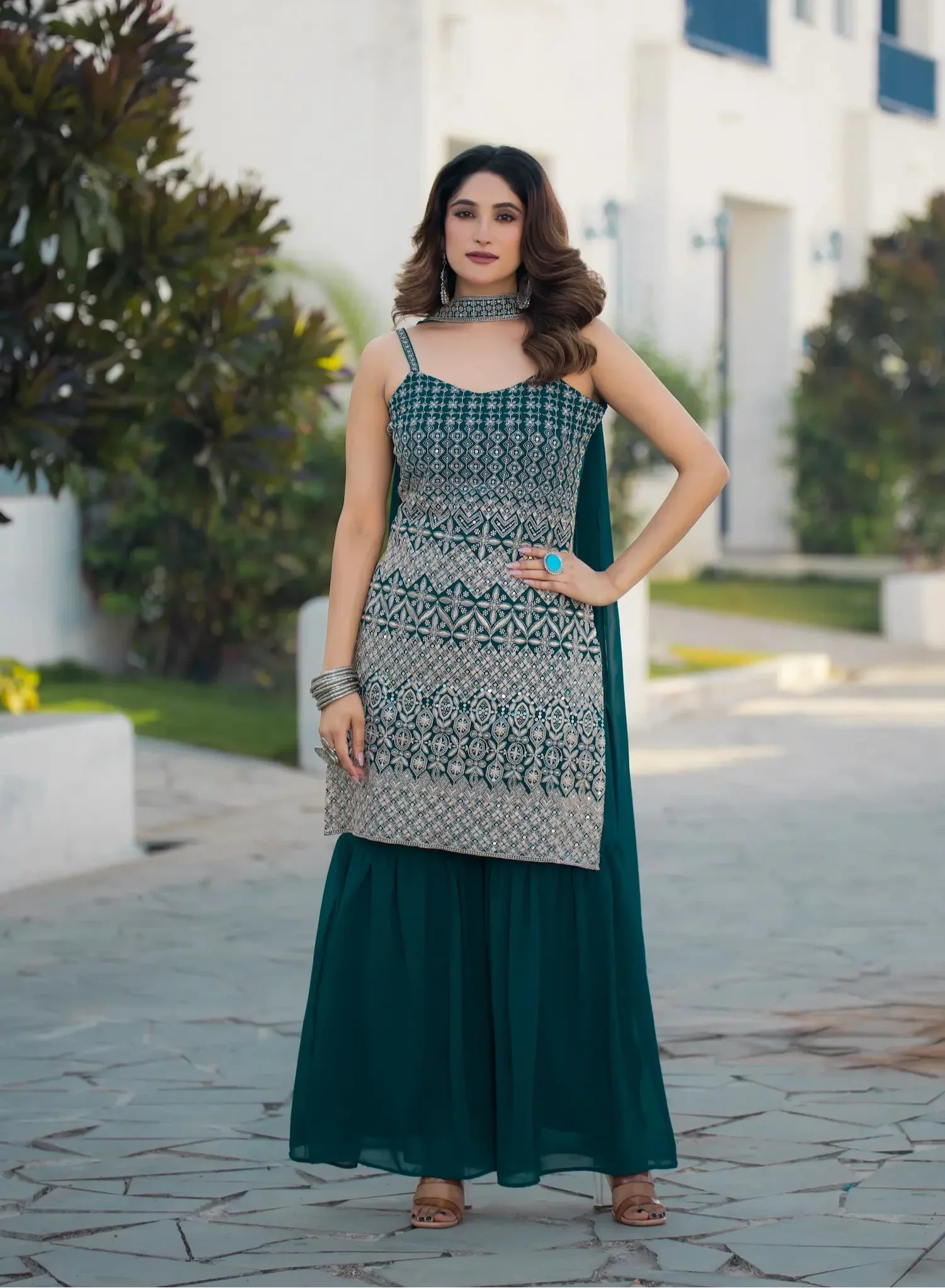 Teal Blue Georgette Sequence Embroidery Work Salwar Suit - qivii