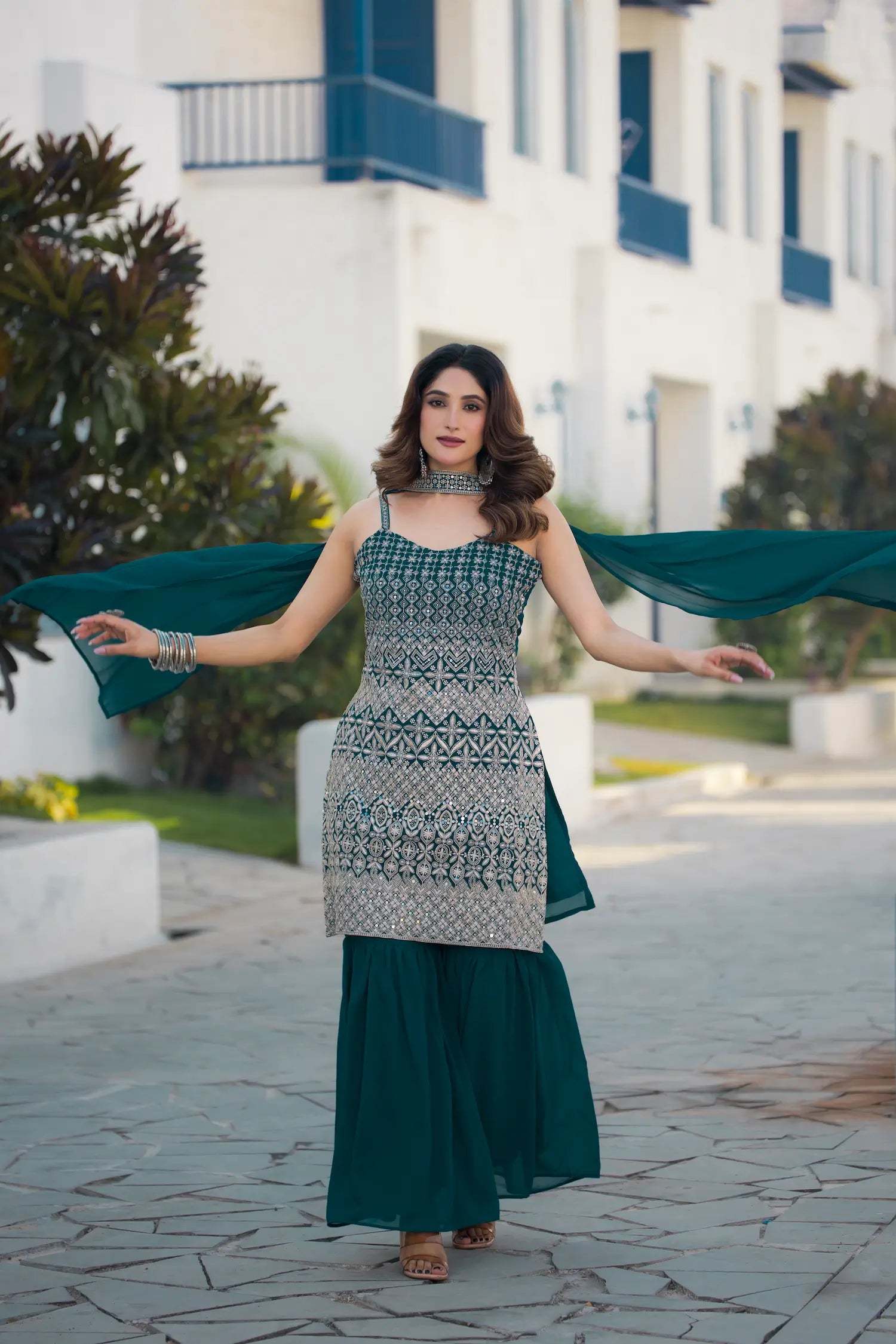 Teal Blue Georgette Sequence Embroidery Work Salwar Suit - qivii