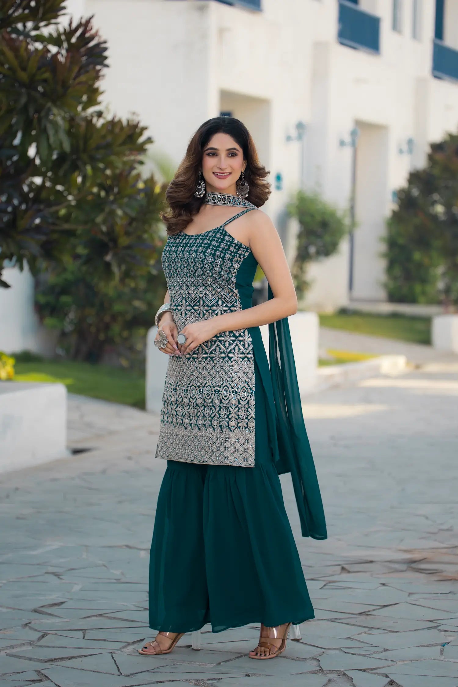 Teal Blue Georgette Sequence Embroidery Work Salwar Suit - qivii