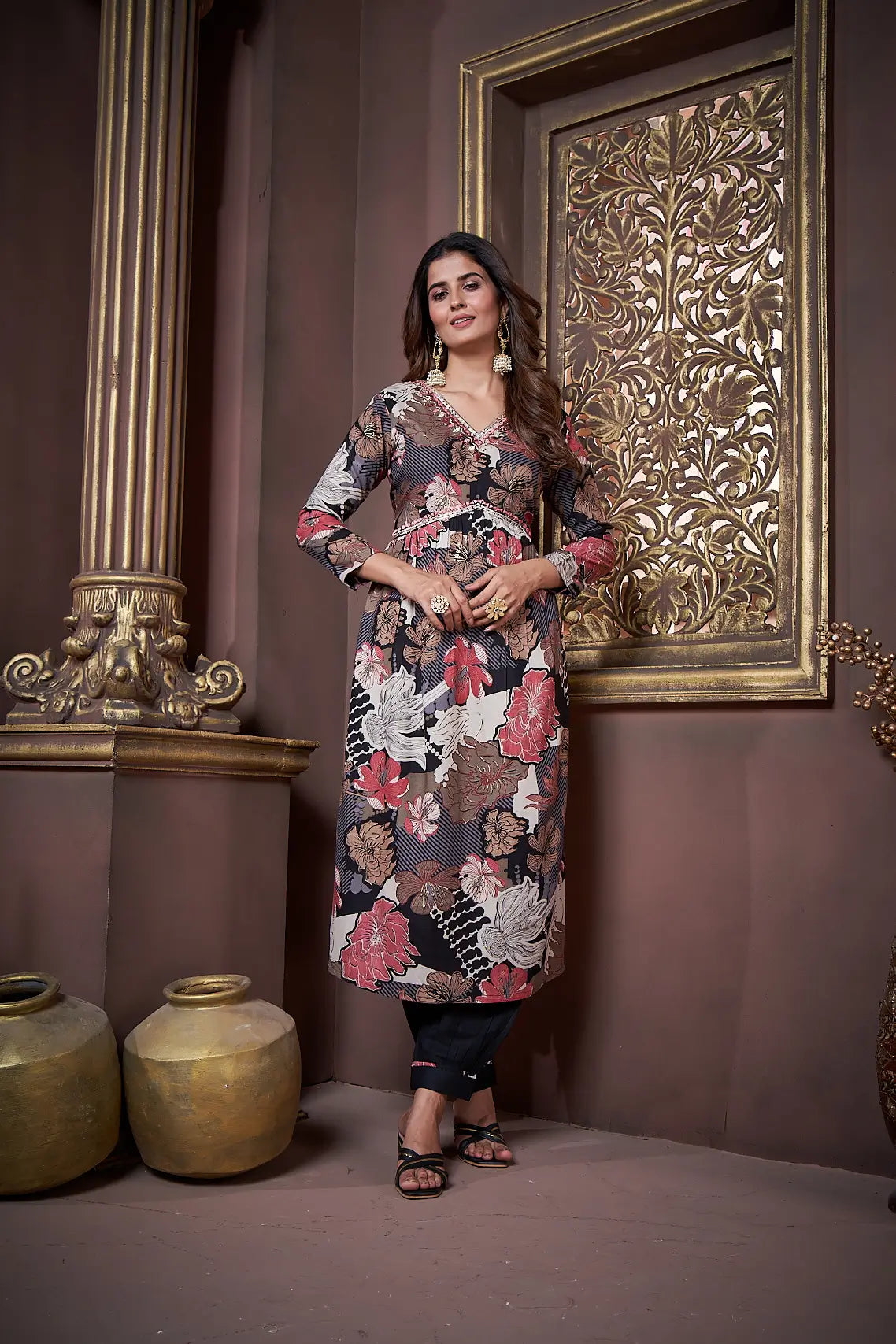 Black Floral Print Handwork Kurta Set with Pant & Dupatta - qivii