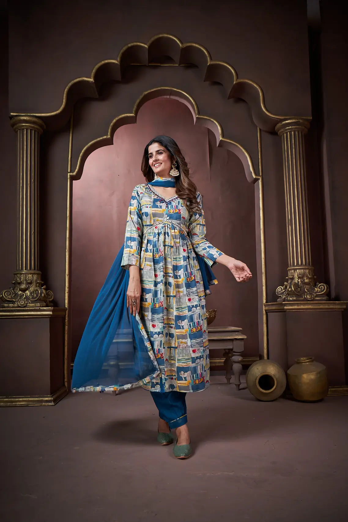 Indigo Blue Handwork Kurta Set with Pant & Dupatta - qivii