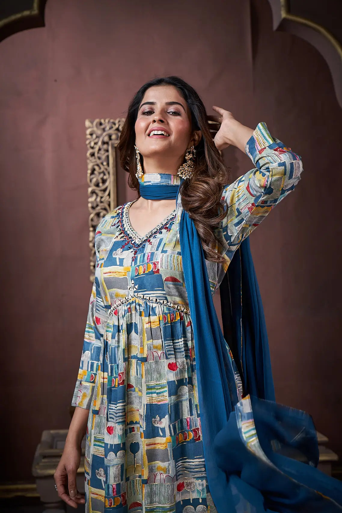 Indigo Blue Handwork Kurta Set with Pant & Dupatta - qivii