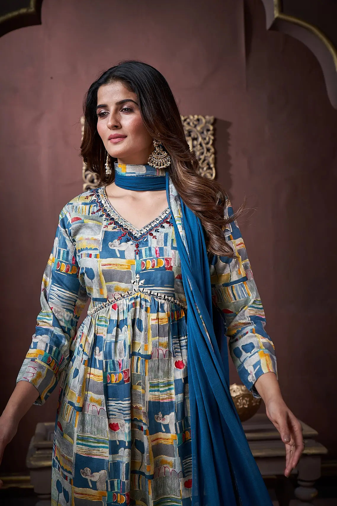 Indigo Blue Handwork Kurta Set with Pant & Dupatta - qivii
