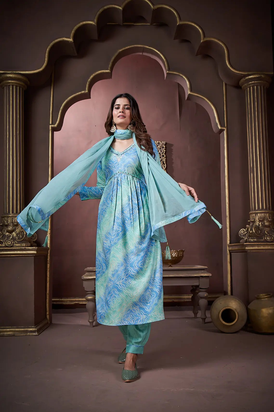Ocean Blue Handwork Kurta Set with Pant & Dupatta - qivii