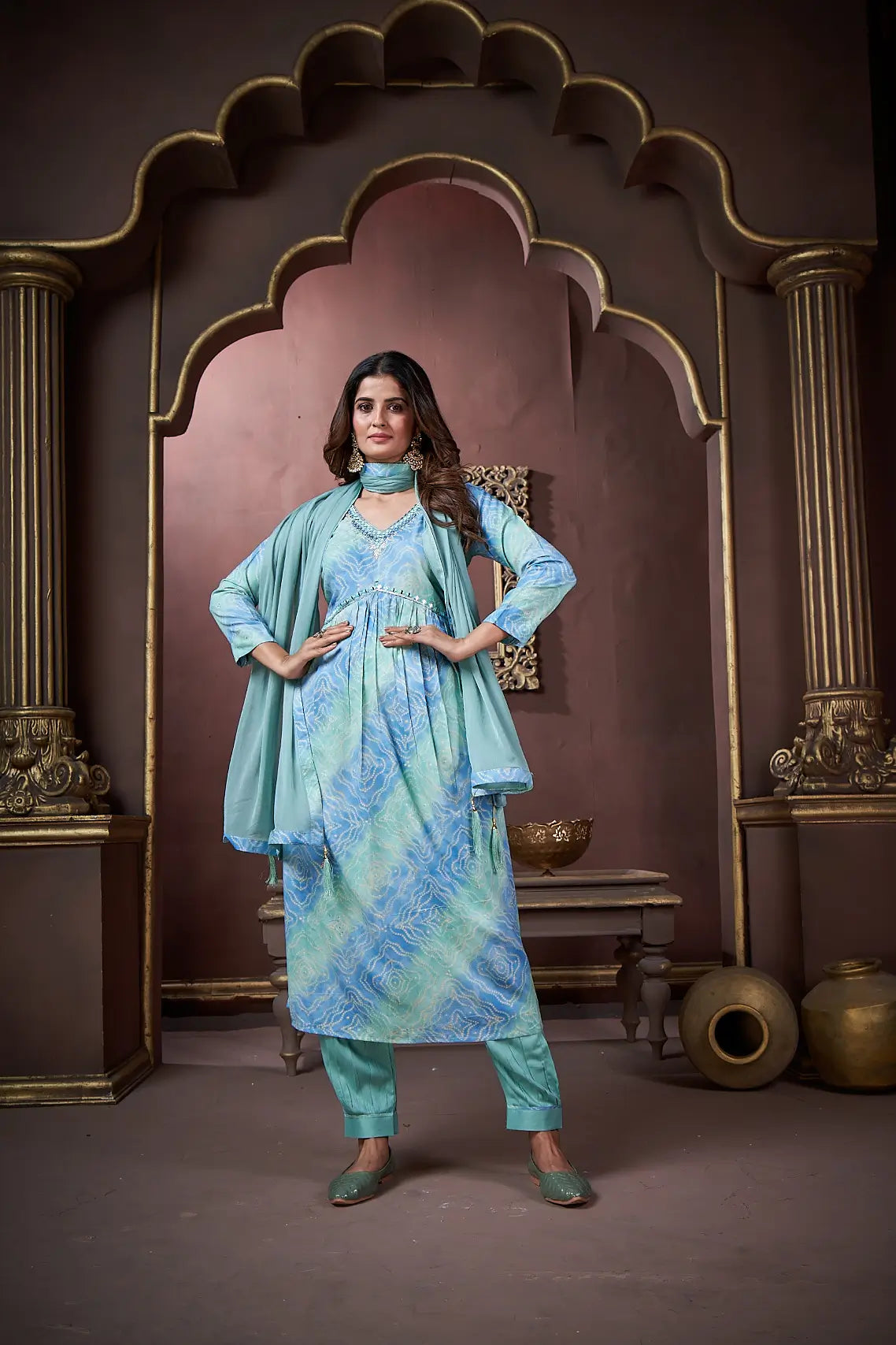 Ocean Blue Handwork Kurta Set with Pant & Dupatta - qivii