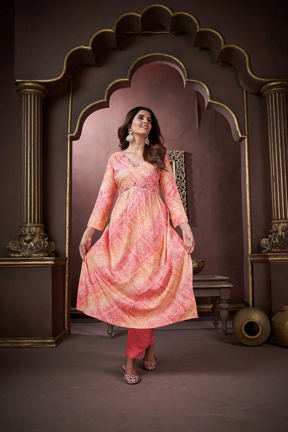 Peach Handwork Kurta Set with Pant & Dupatta - qivii