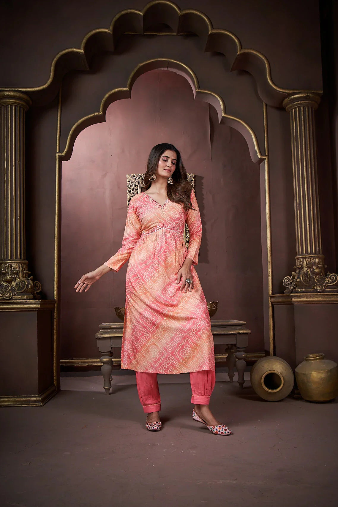 Peach Handwork Kurta Set with Pant & Dupatta - qivii