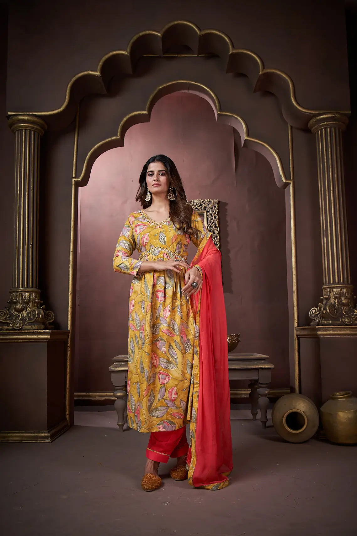 Mustard Yellow Handwork Kurta Set with Pant & Dupatta - qivii