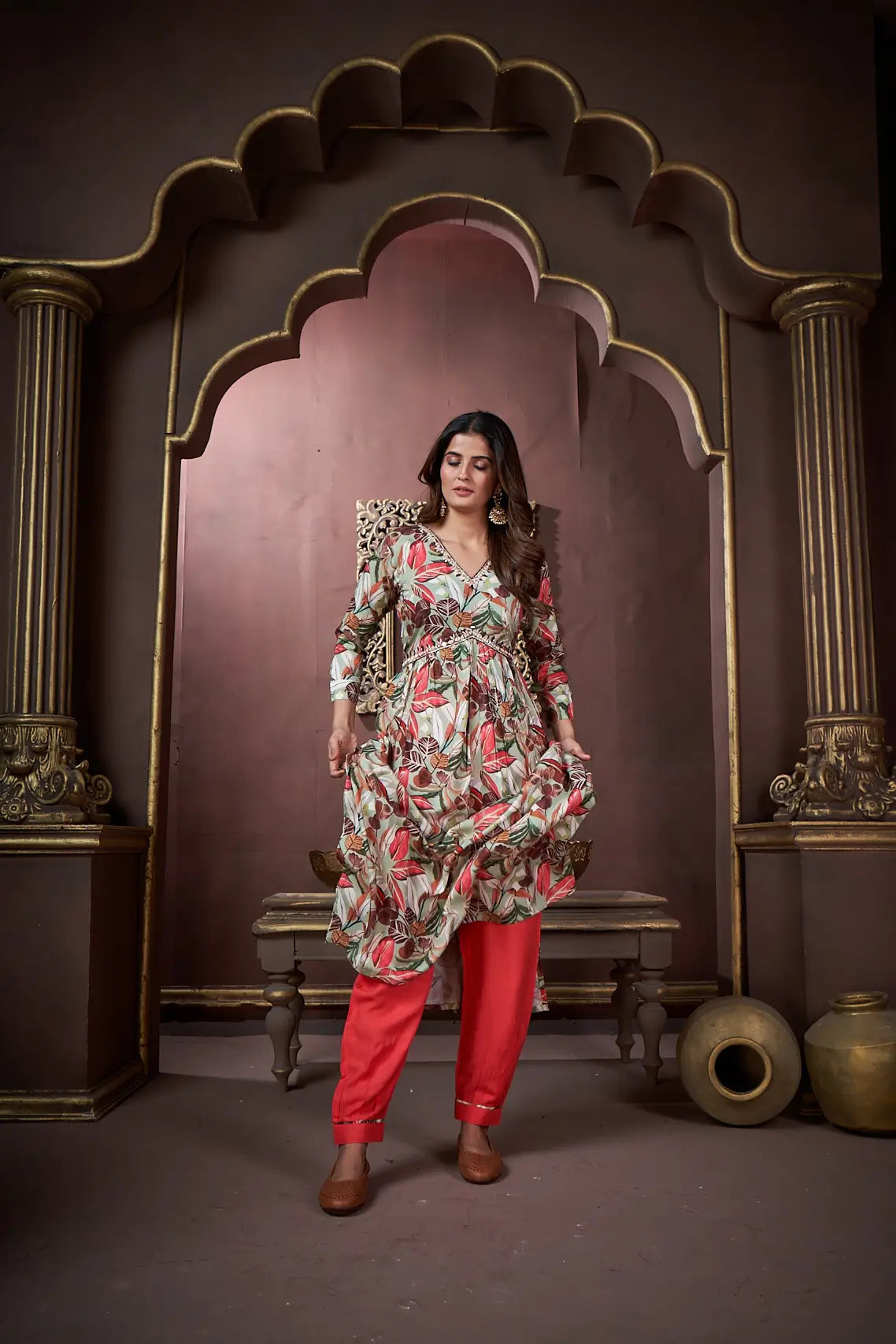 Cherry Red Handwork Kurta Set with Pant & Dupatta - qivii
