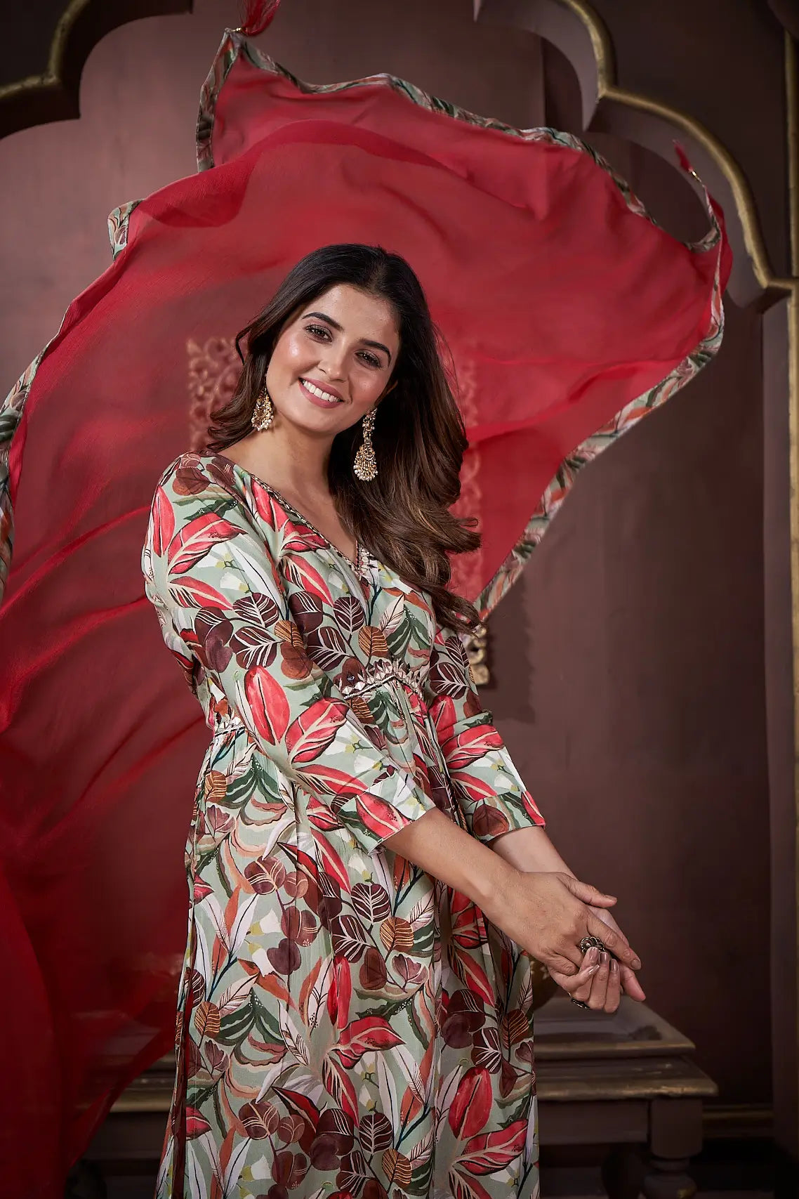 Cherry Red Handwork Kurta Set with Pant & Dupatta - qivii