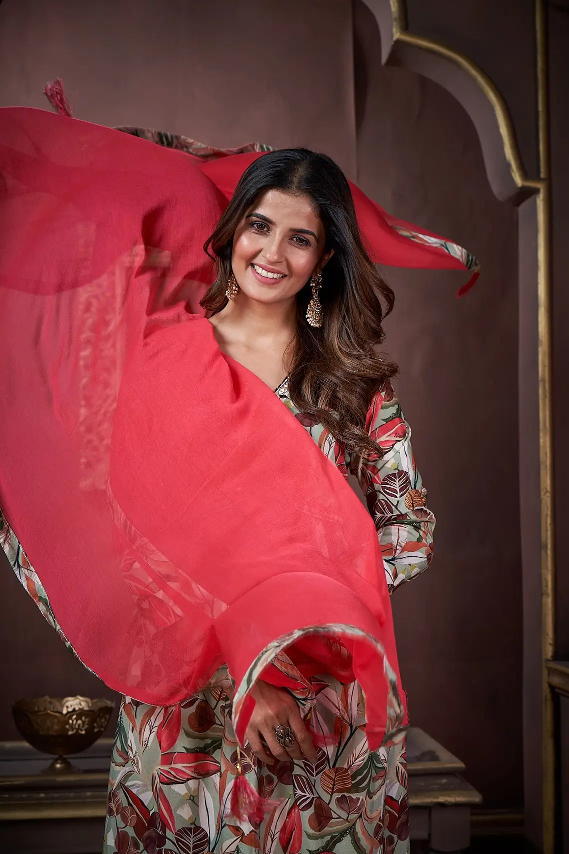 Cherry Red Handwork Kurta Set with Pant & Dupatta - qivii