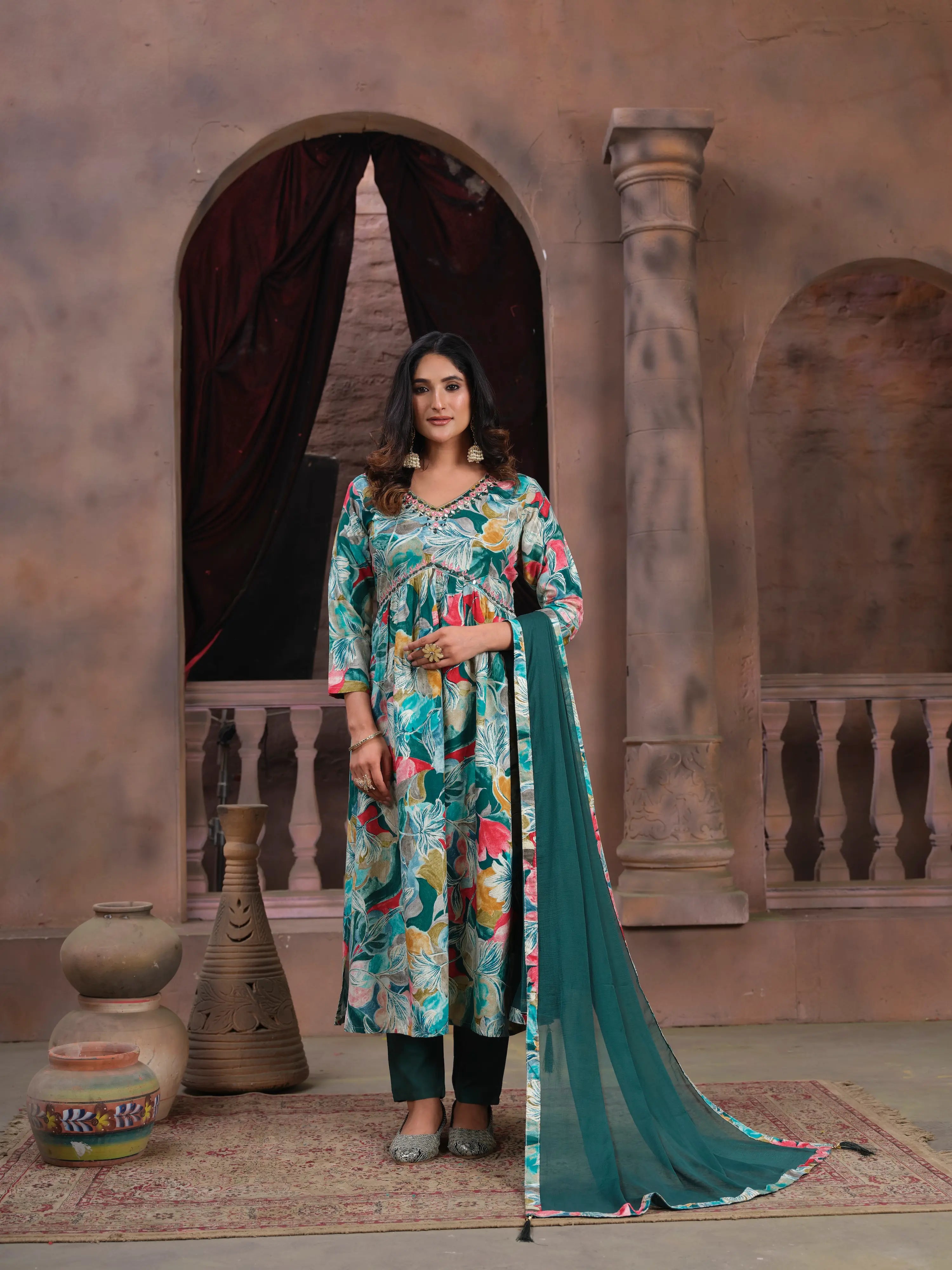 Cyan Floral Print Handwork Kurta Set with Pant & Dupatta - qivii