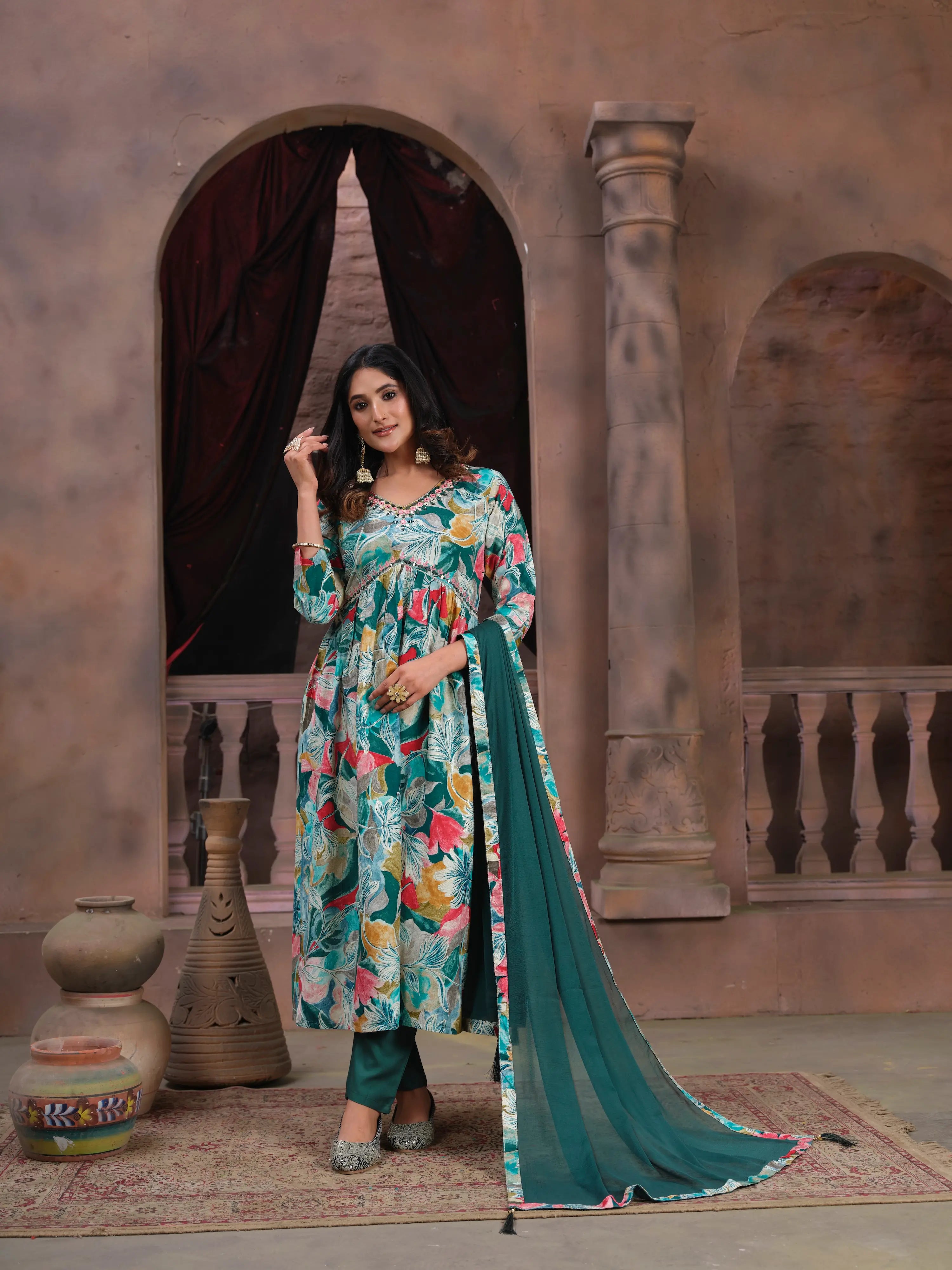 Cyan Floral Print Handwork Kurta Set with Pant & Dupatta - qivii