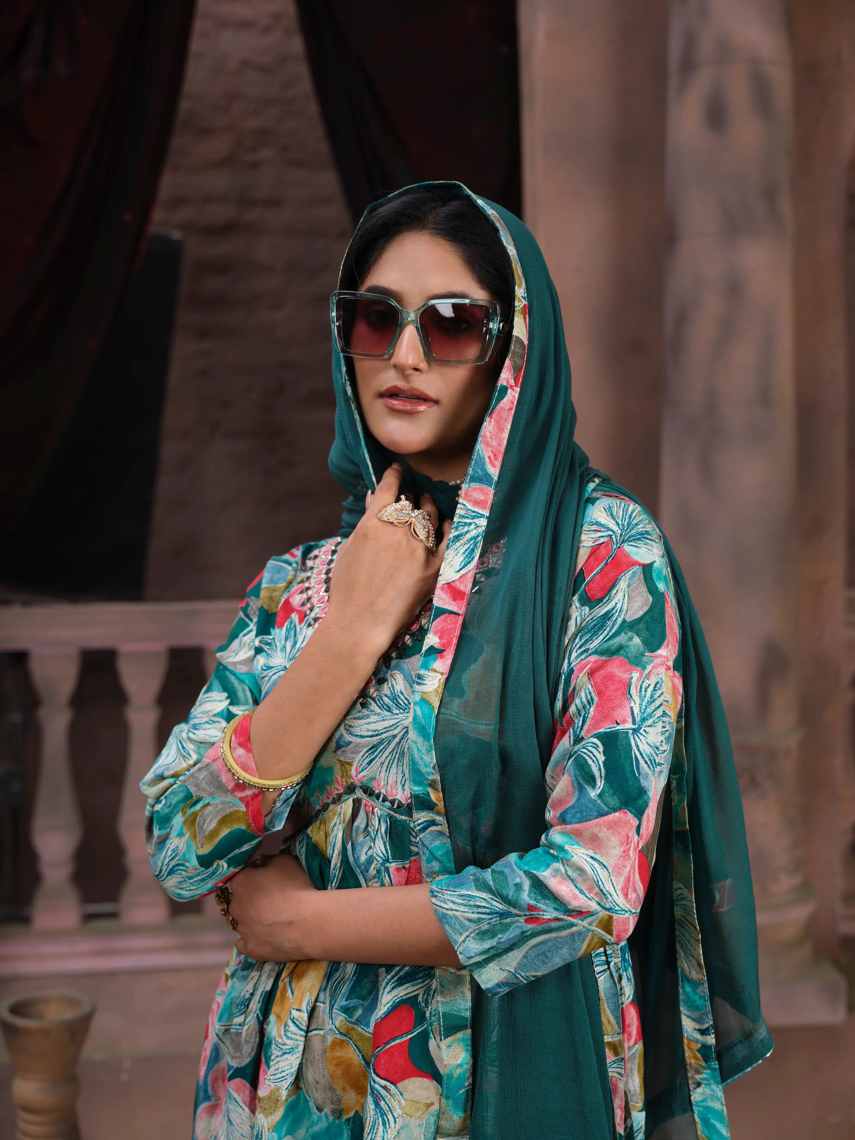 Cyan Floral Print Handwork Kurta Set with Pant & Dupatta - qivii