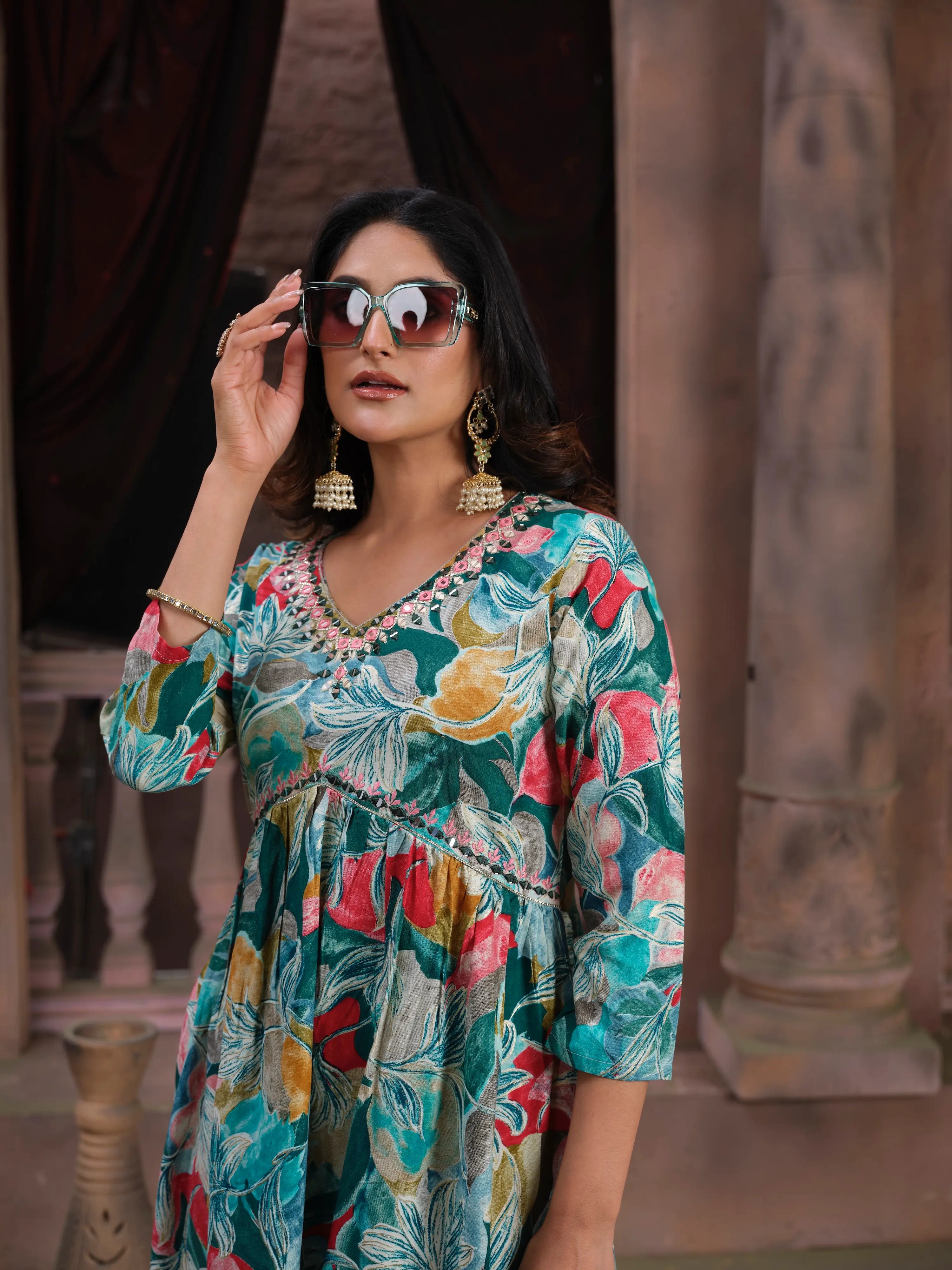 Cyan Floral Print Handwork Kurta Set with Pant & Dupatta - qivii