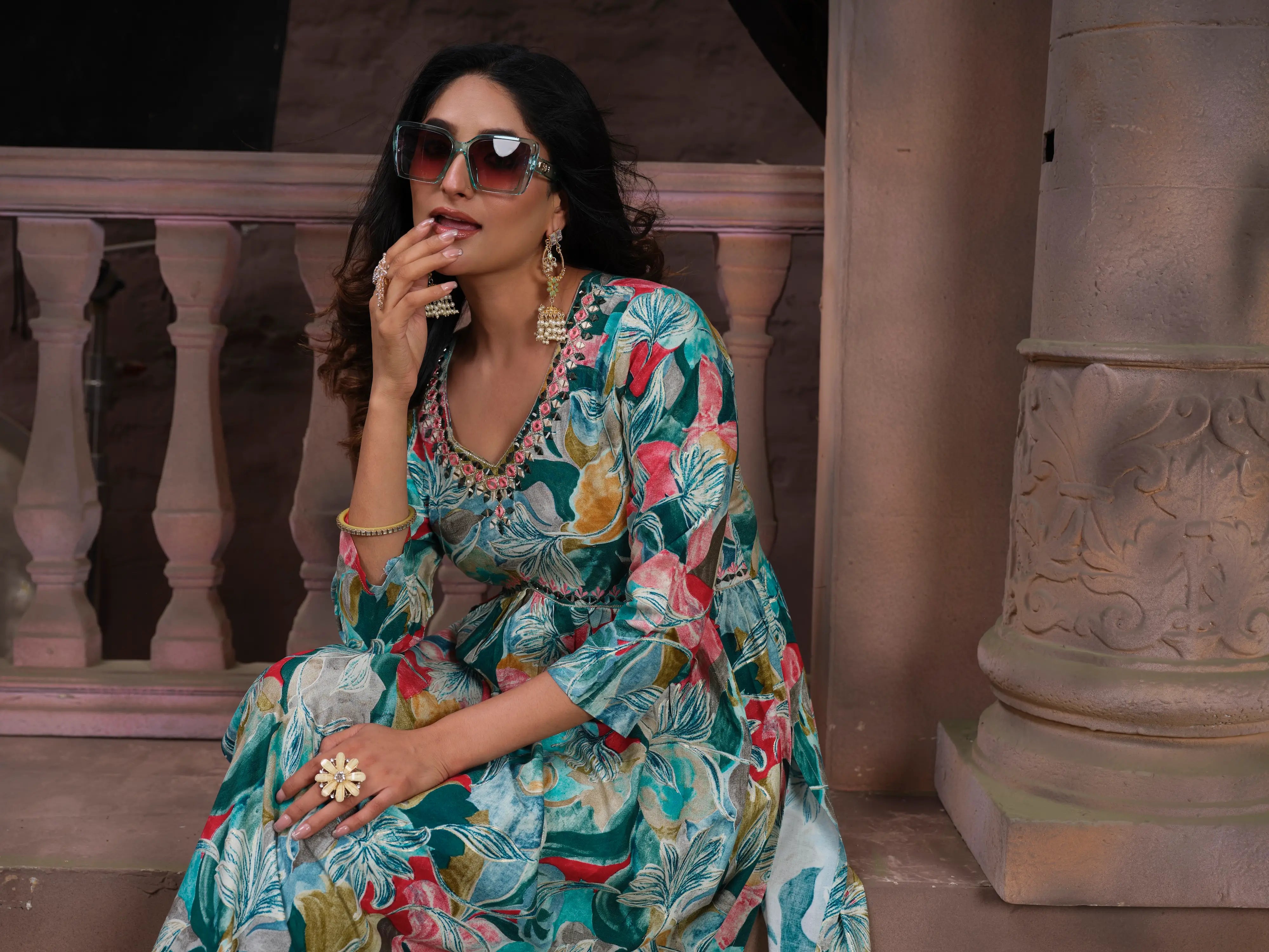 Cyan Floral Print Handwork Kurta Set with Pant & Dupatta - qivii