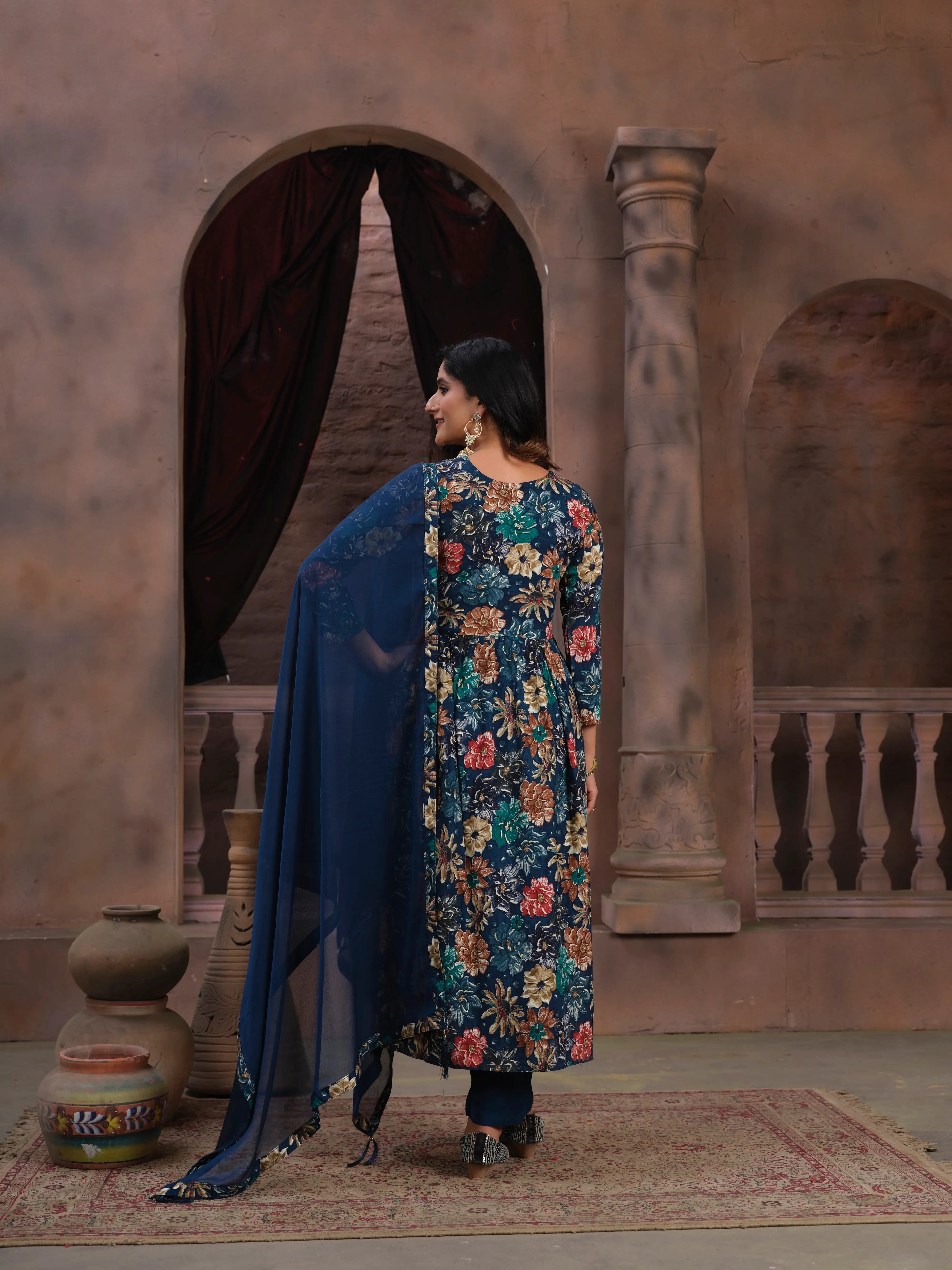 Tealish Blue Handwork Kurta Set with Pant & Dupatta - qivii