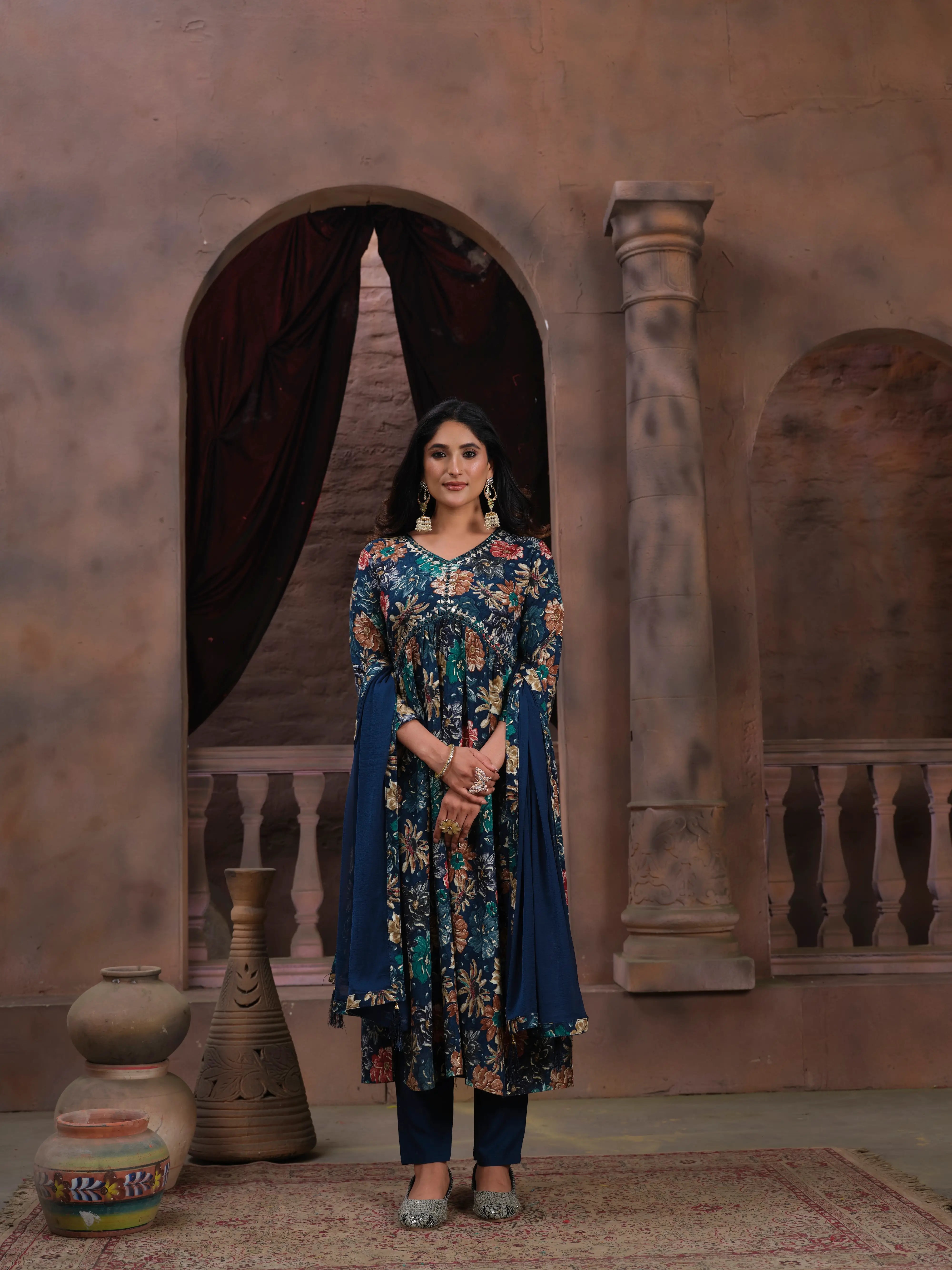 Tealish Blue Handwork Kurta Set with Pant & Dupatta - qivii
